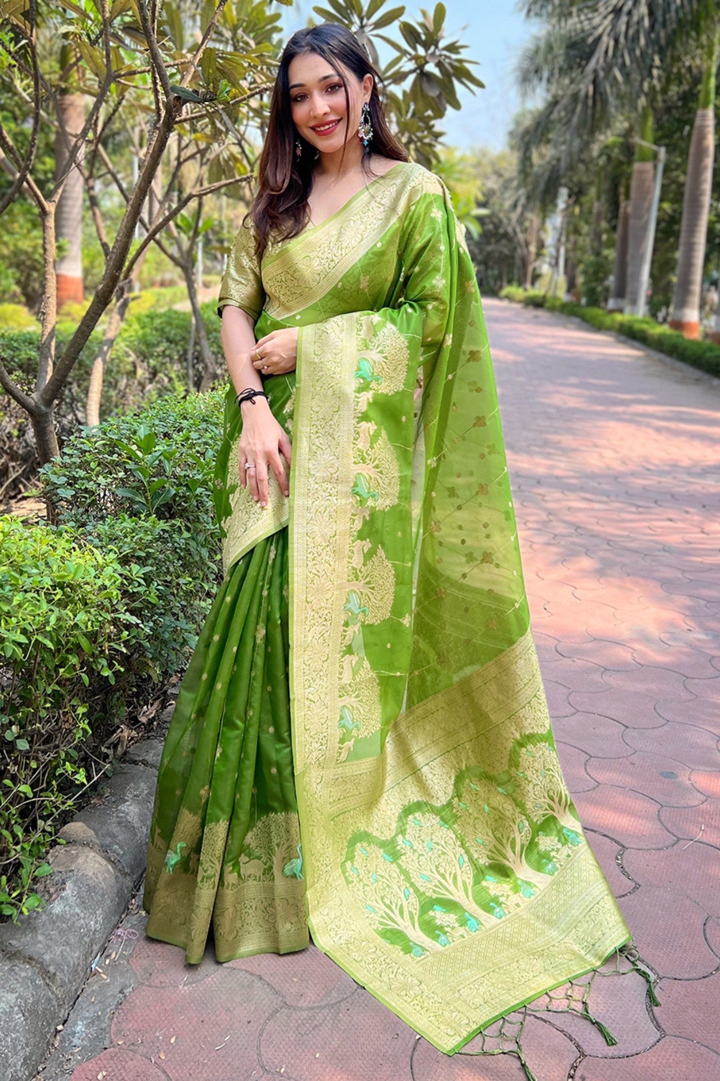 Celery Green Woven Organza Saree