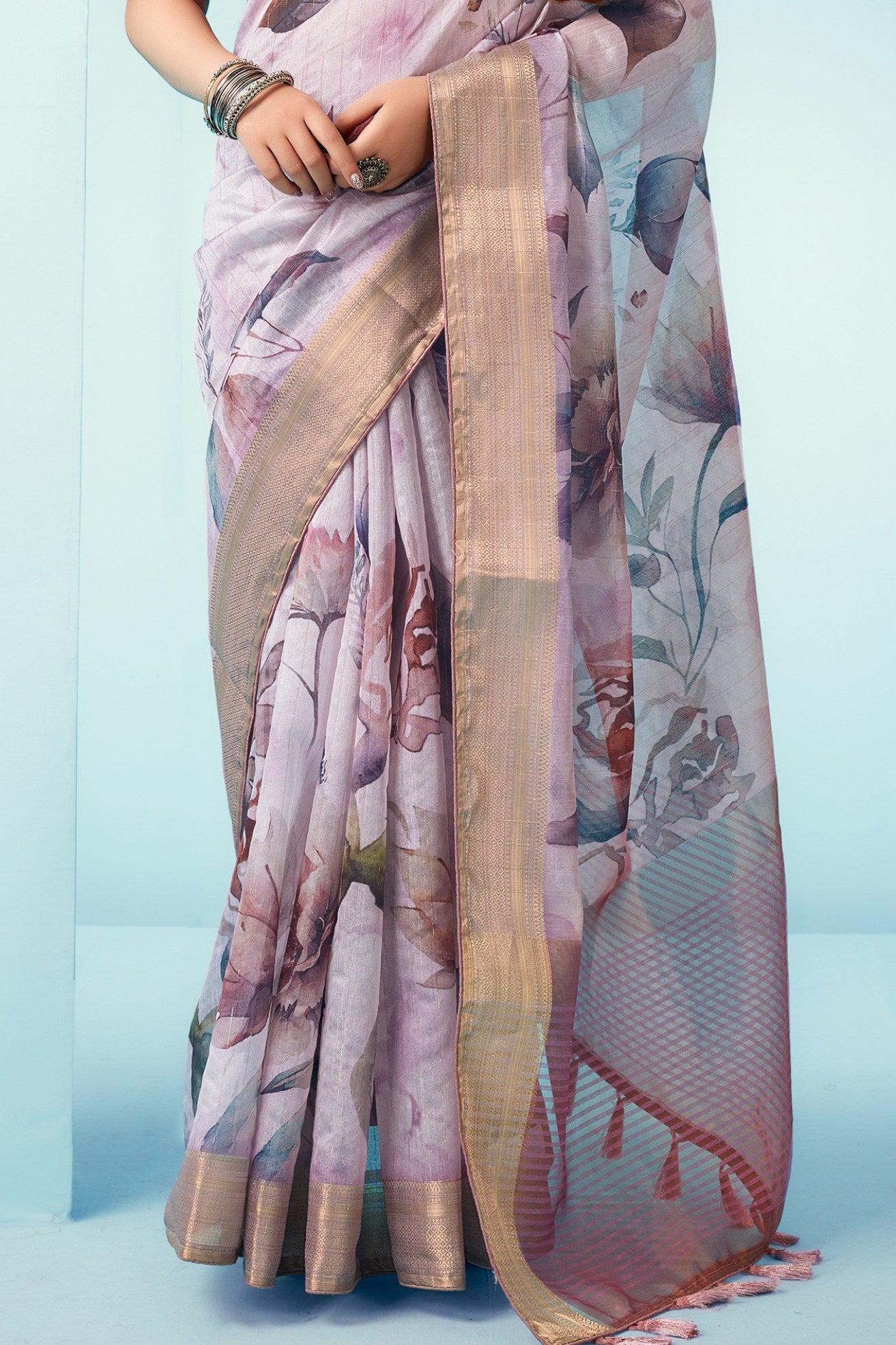 Eggplant Purple Floral Linen Saree