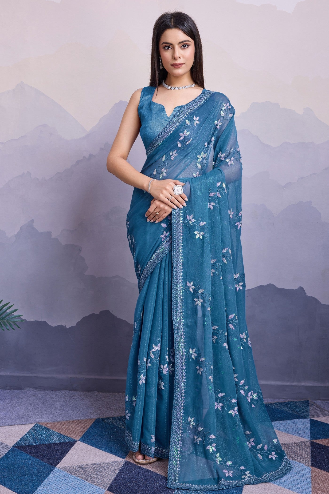 Celadon Blue Embroidered Designer Chiffon Saree