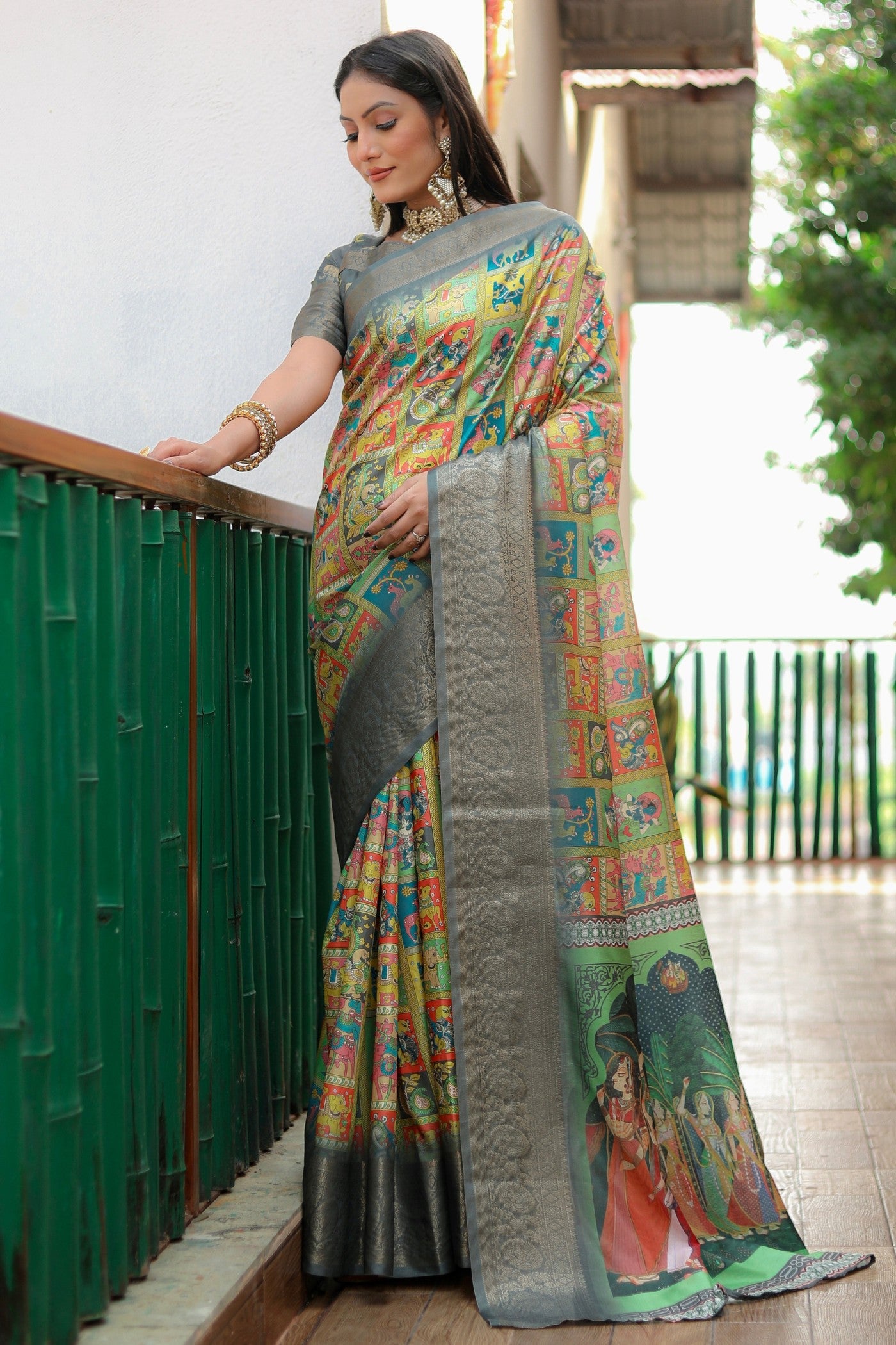 Multicolor Green Digital Printed Kalamkari Saree