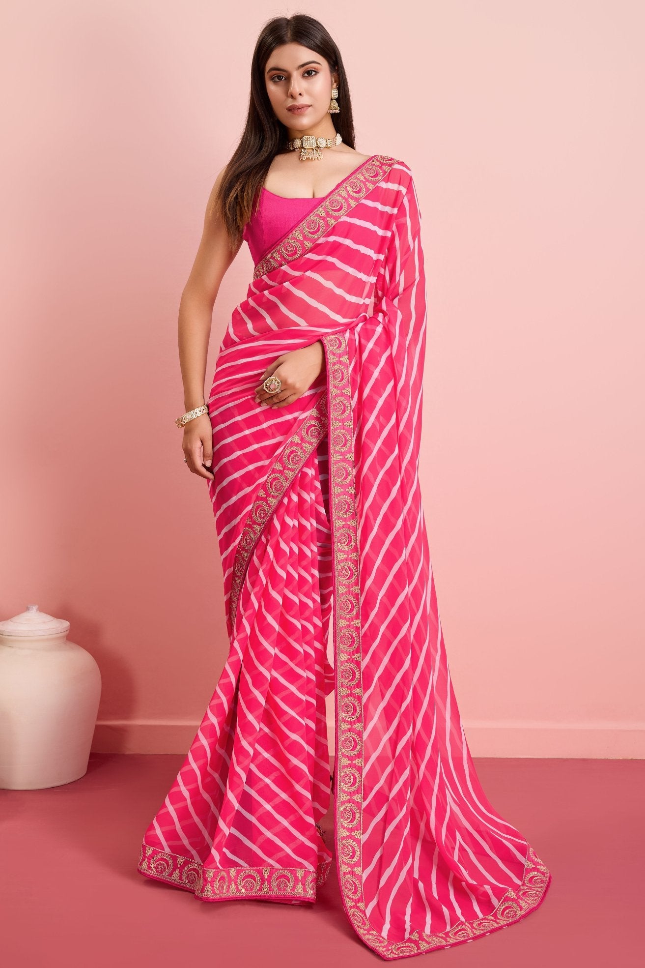 Pink Salmon Georgette Lehriya Silk saree