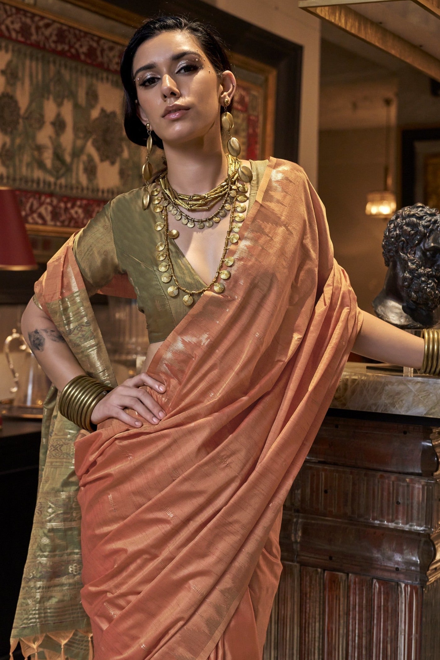 Koromiko Orange Woven Linen Saree