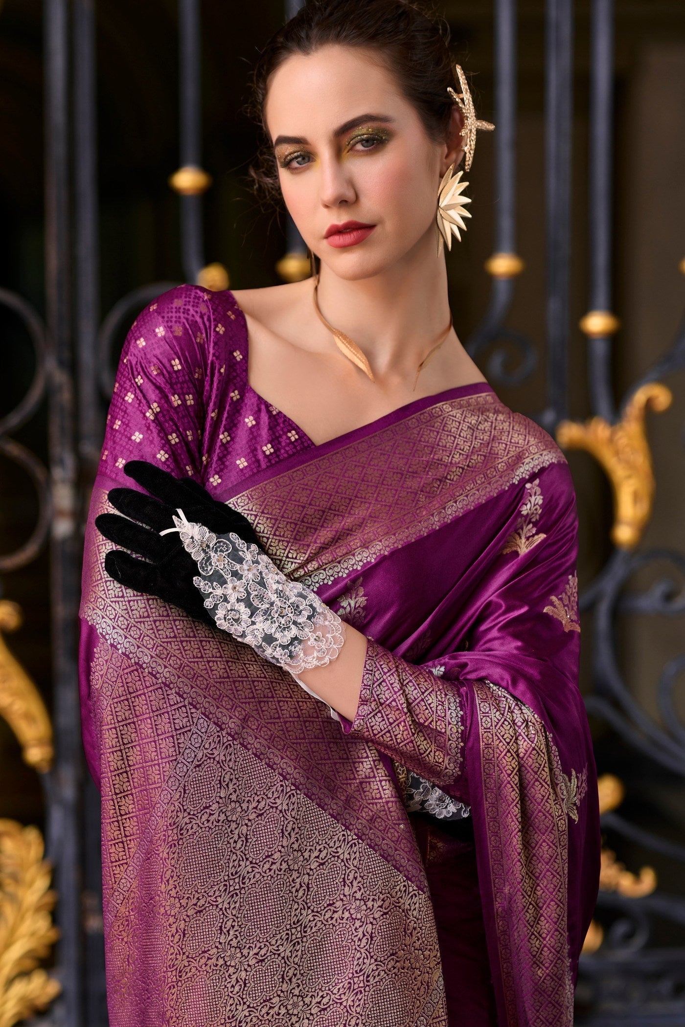 Rasian Purple Handloom Satin Silk Saree