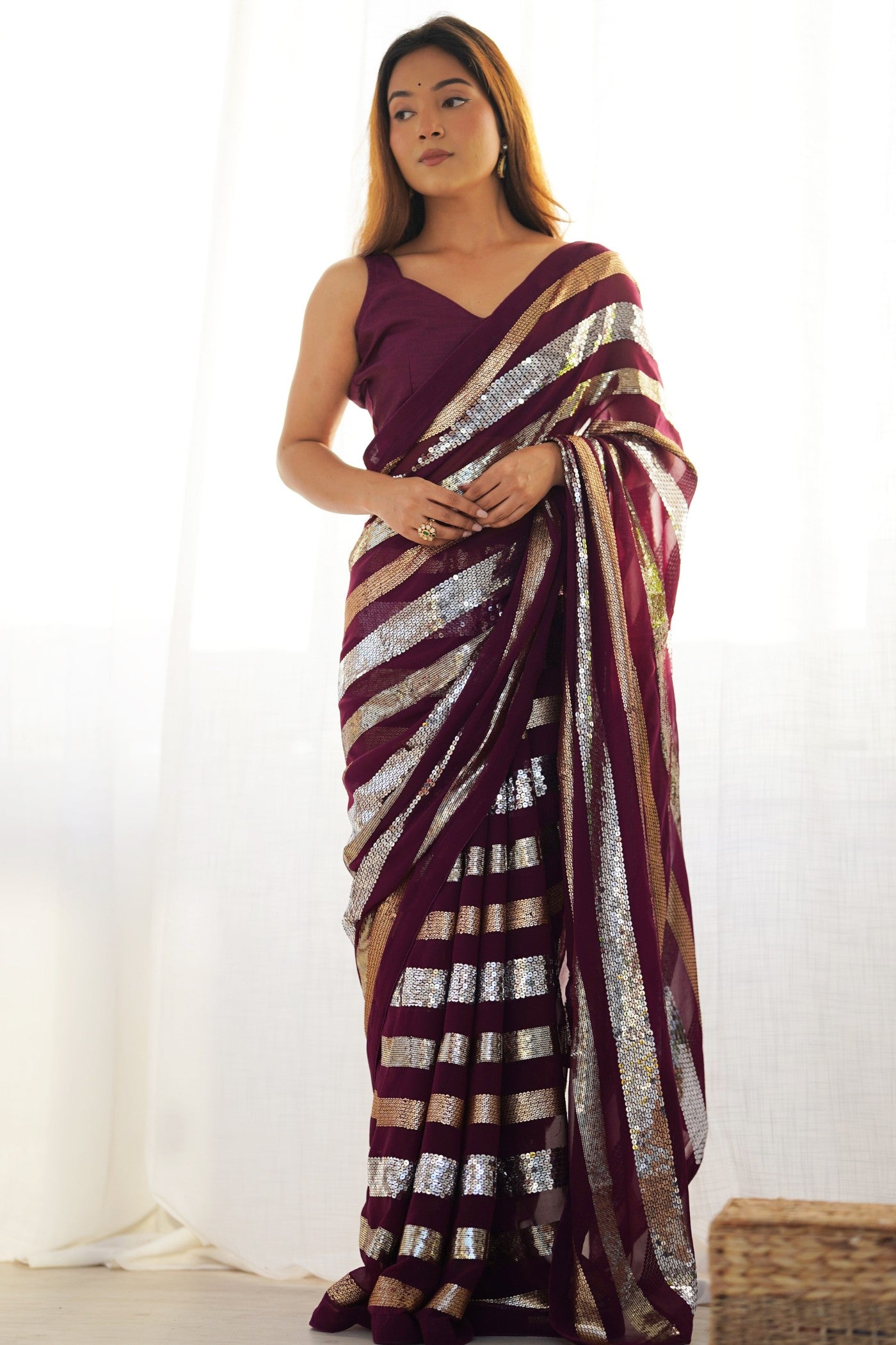 Tamarind Purple Georgette Partywear Saree