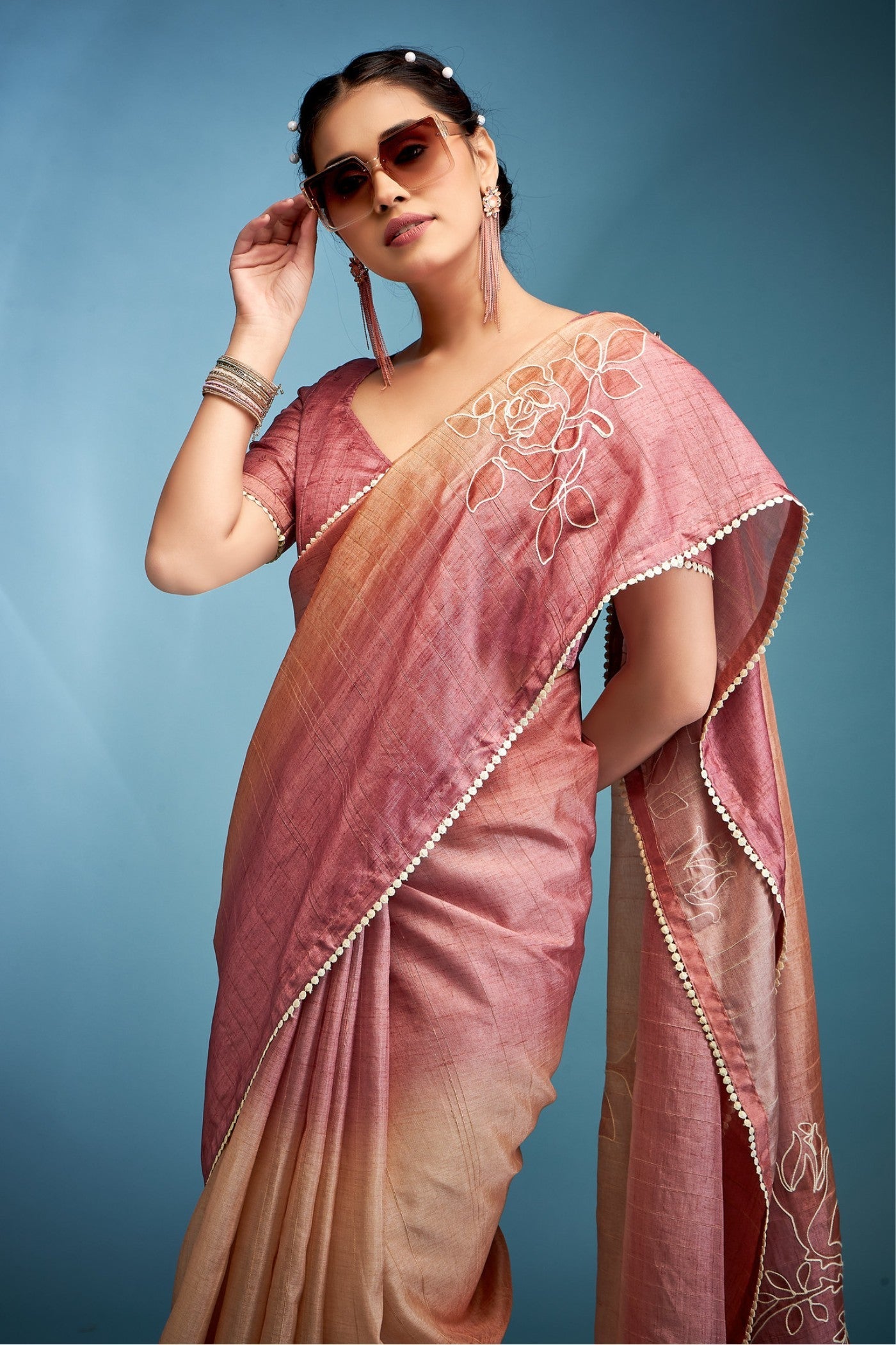 Cosmos Pink Designer Tussar Silk Saree