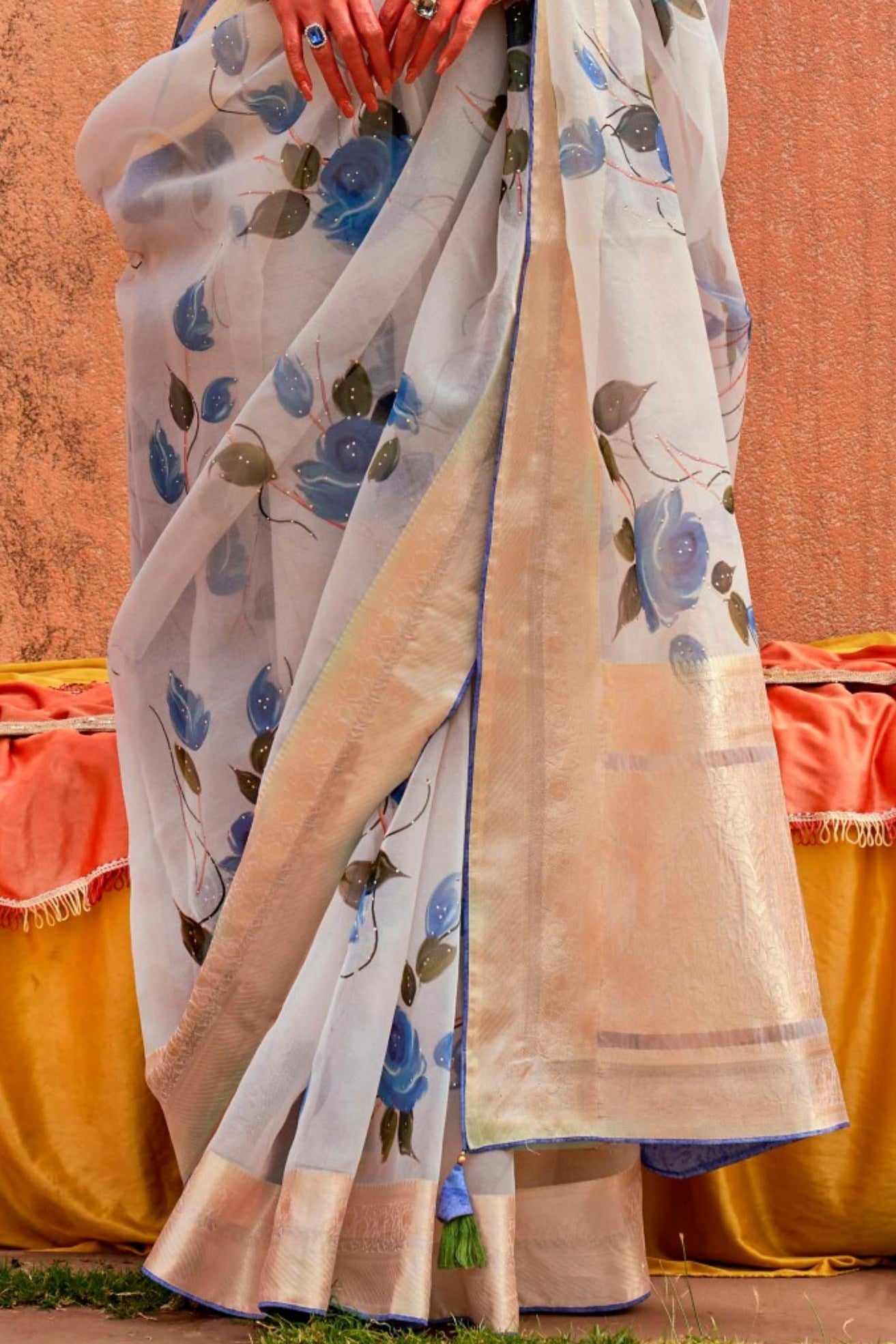 Ice White and Blue Zari Woven Organza Saree