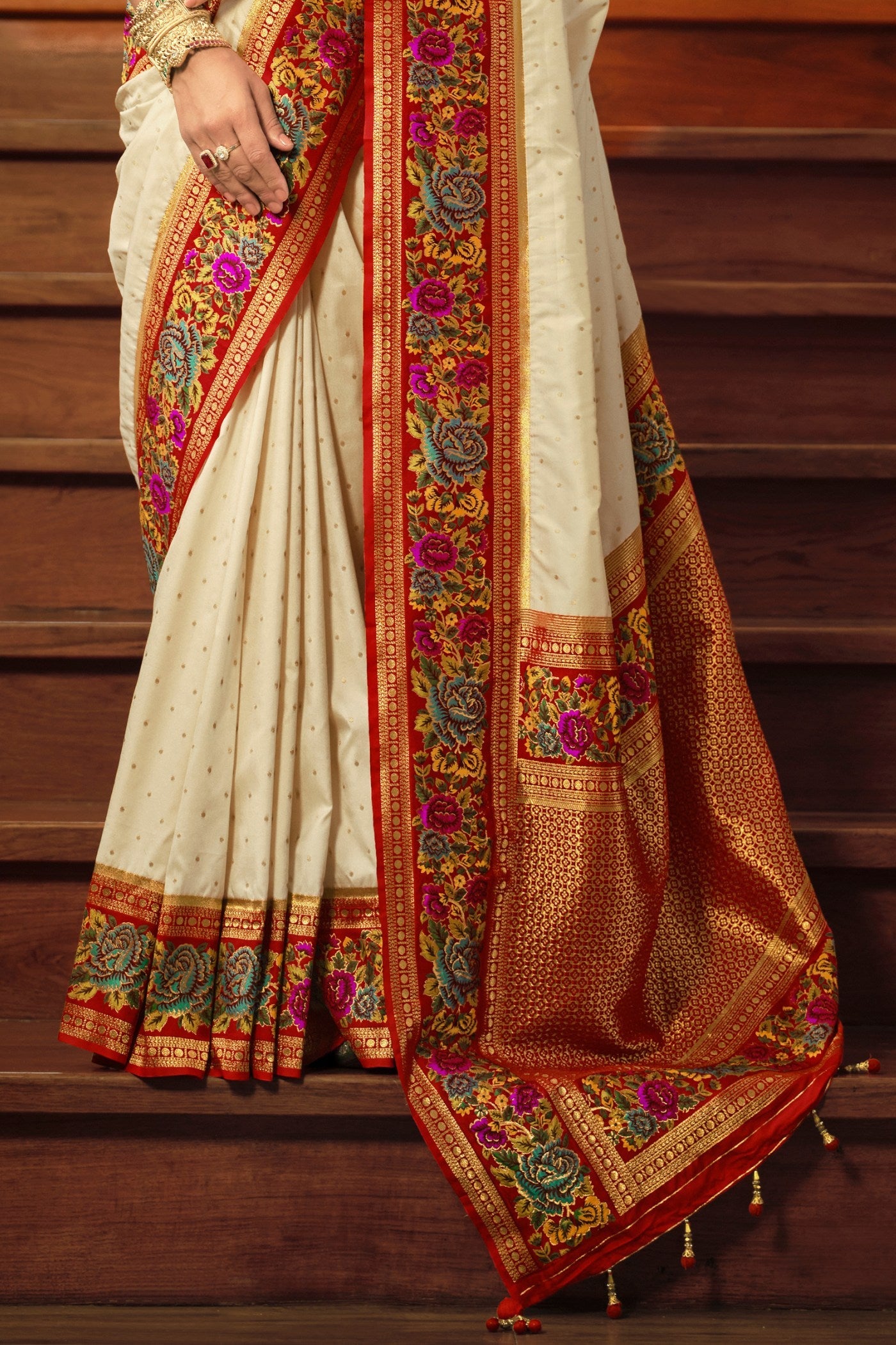 Chamois Cream Printed Banarasi Saree