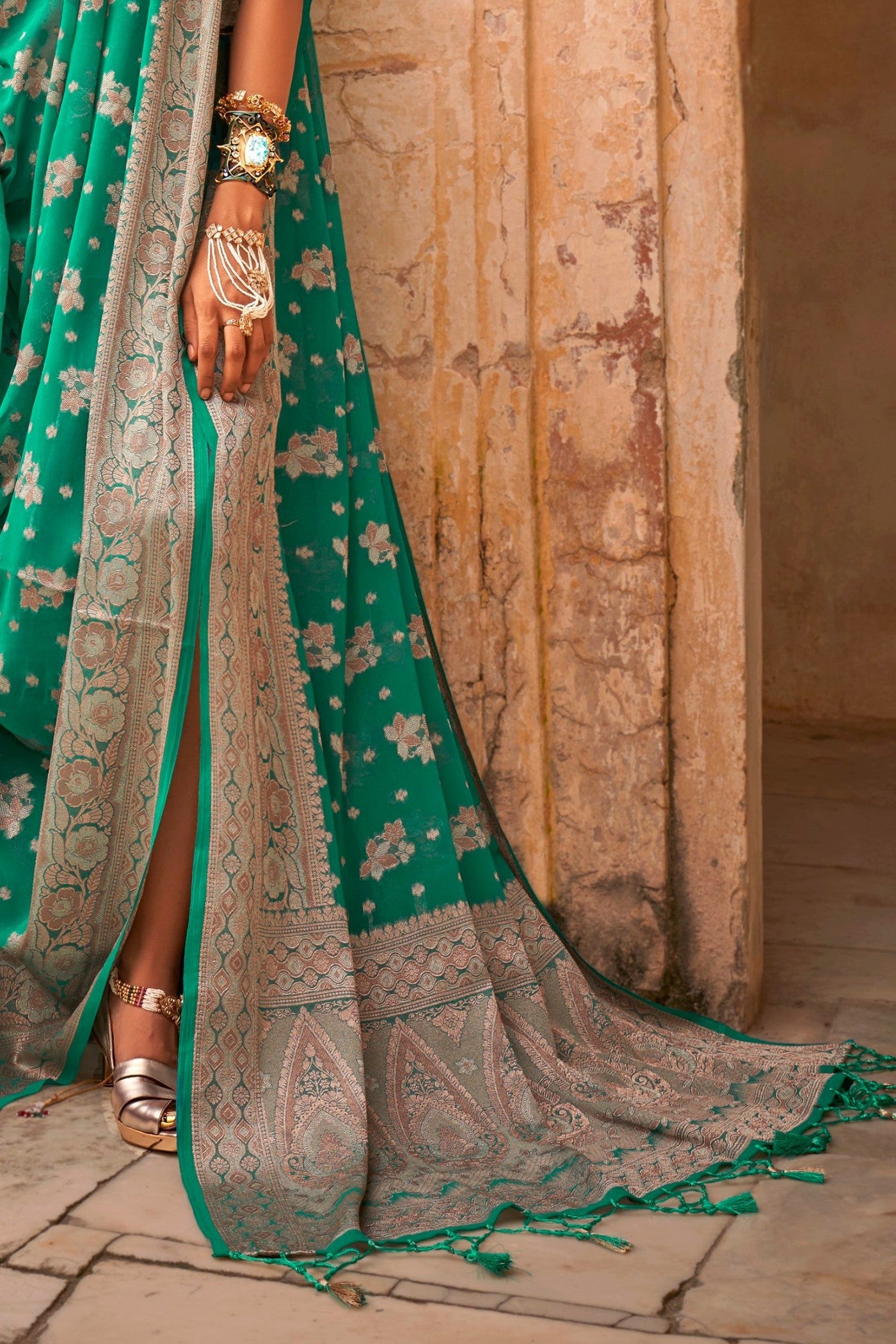 Jungle Green Zari Woven Georgette Saree