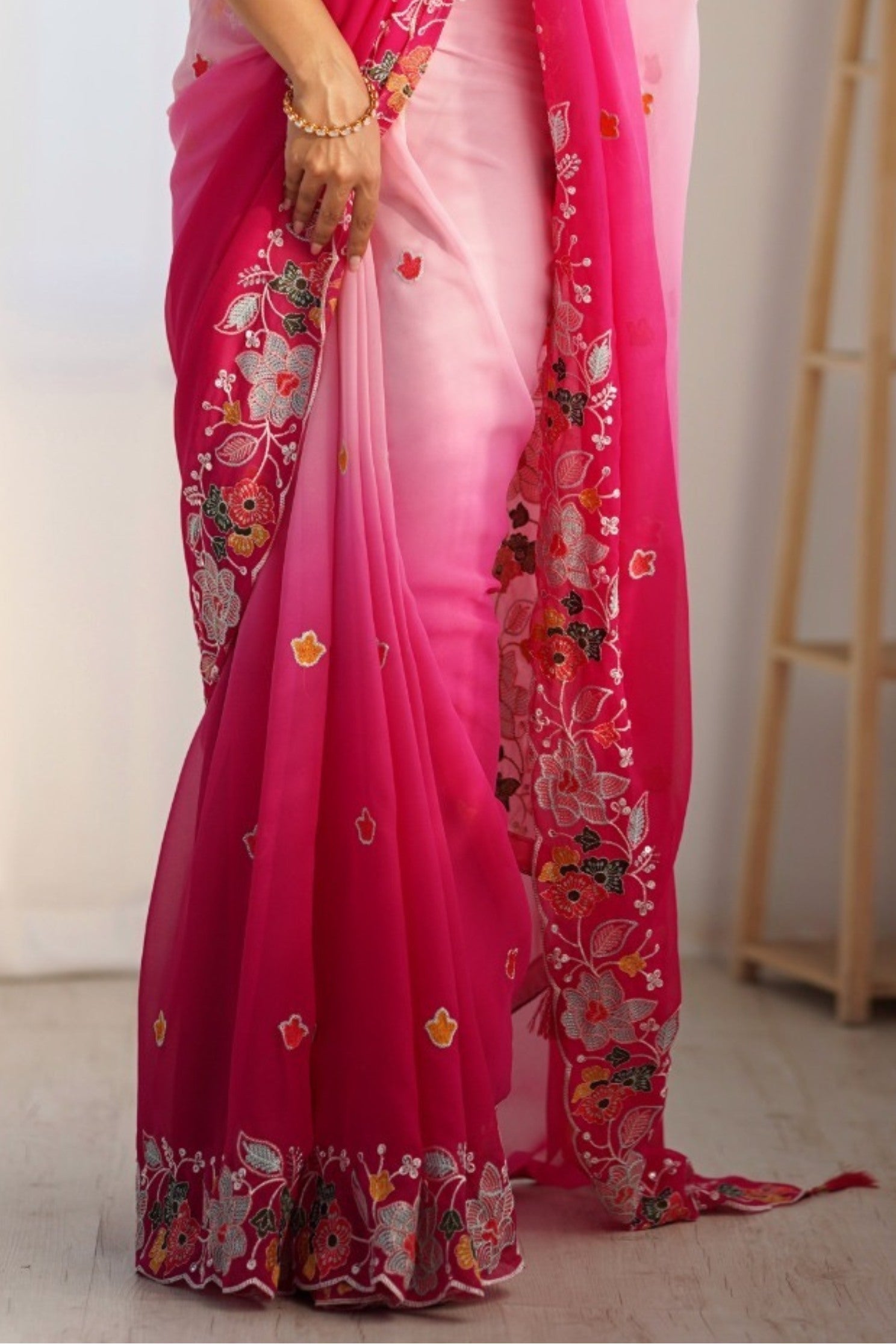 Taffy Pink and White Georgette Saree