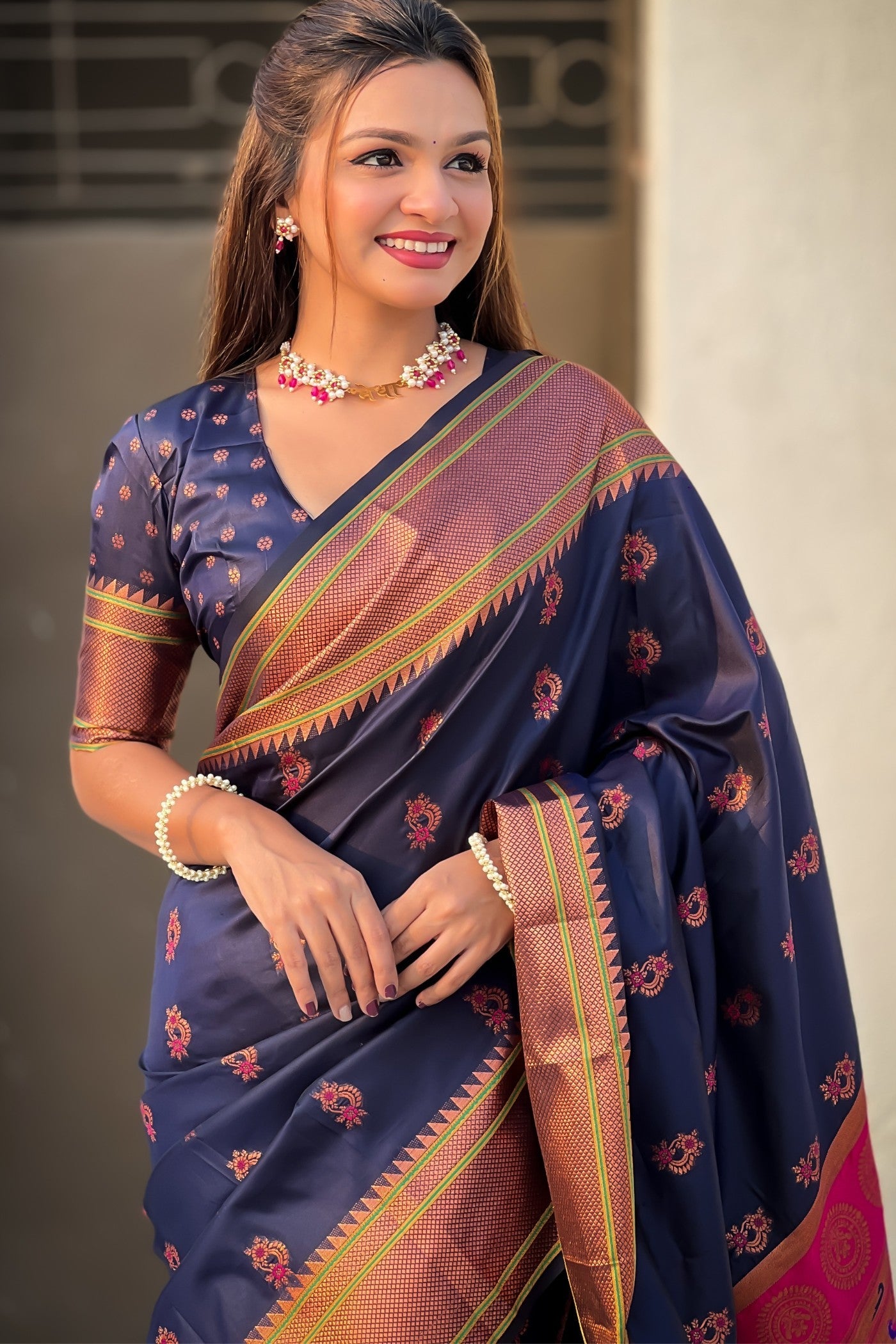 Vulcan Blue Zari Woven Nath Paithani Saree