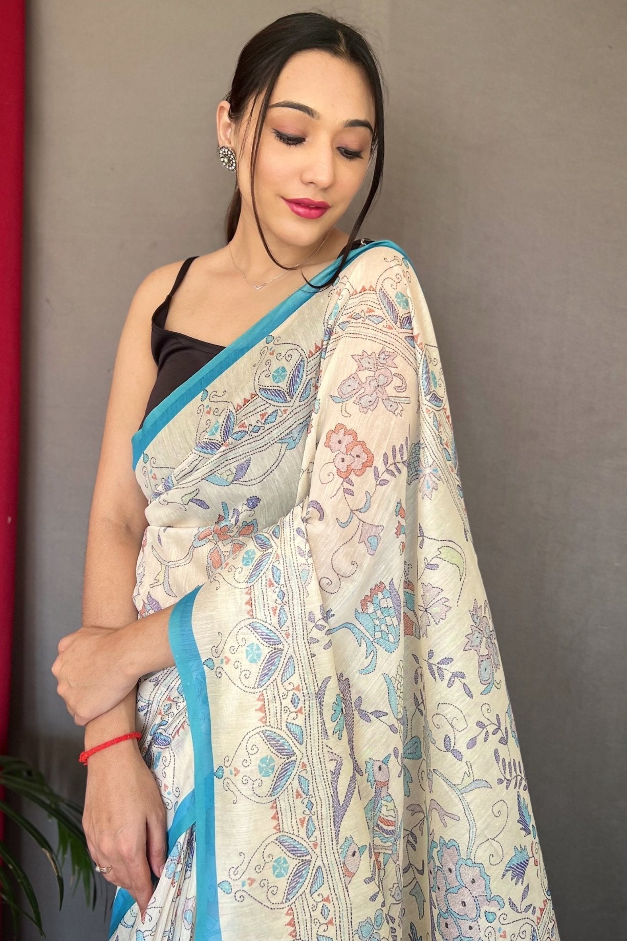 River Blue and White Printed Cotton Saree