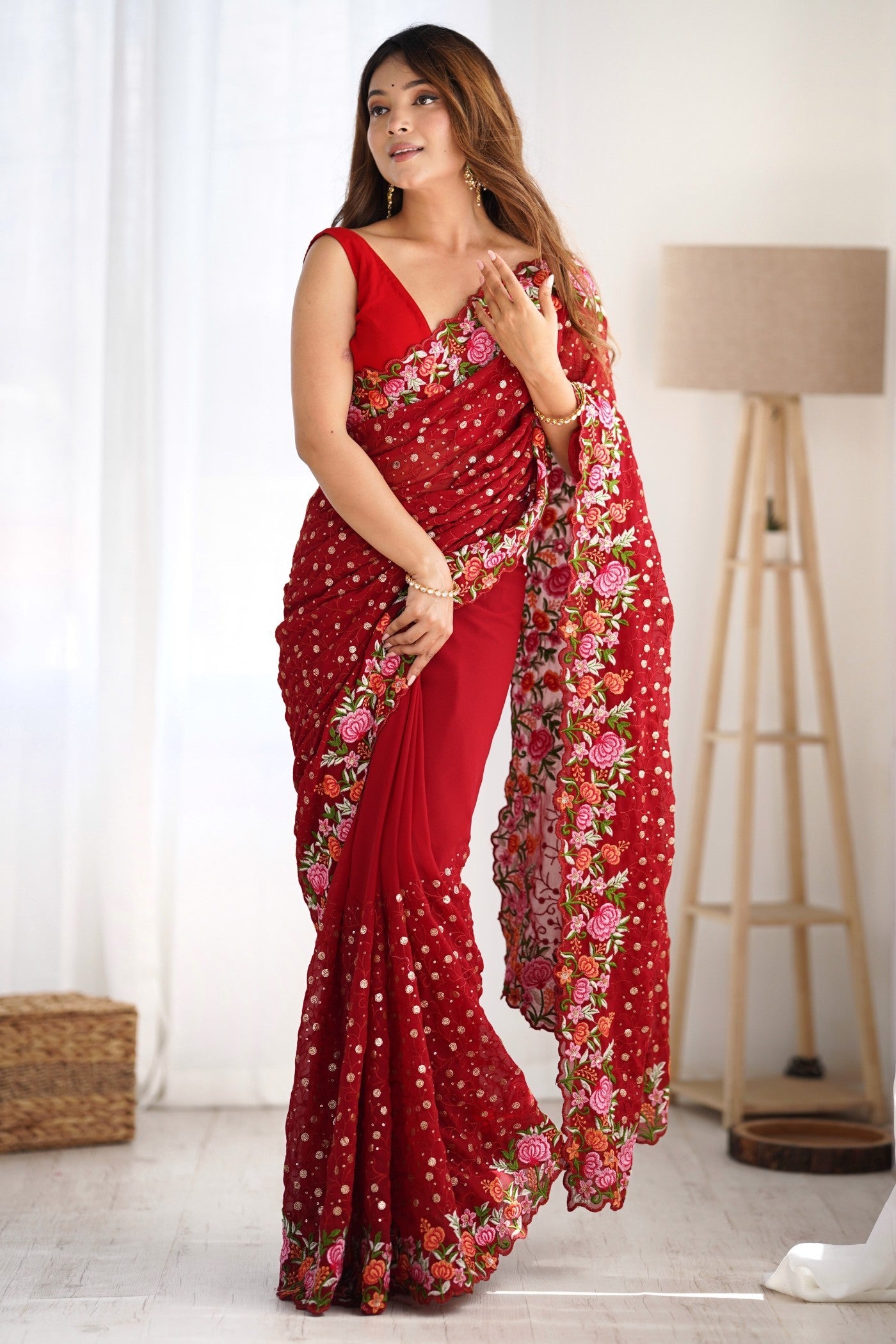 Rose Red Embroidered Georgette Saree