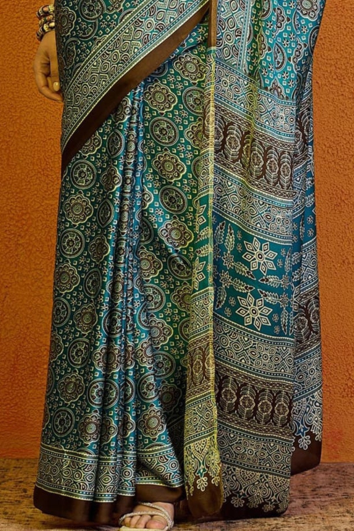 Cutty Sark Blue Printed Ajrakh Satin Crepe Saree