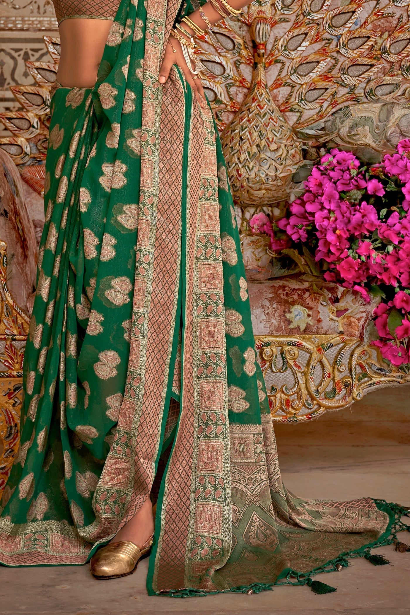 Leaves Green Zari Woven Georgette Saree