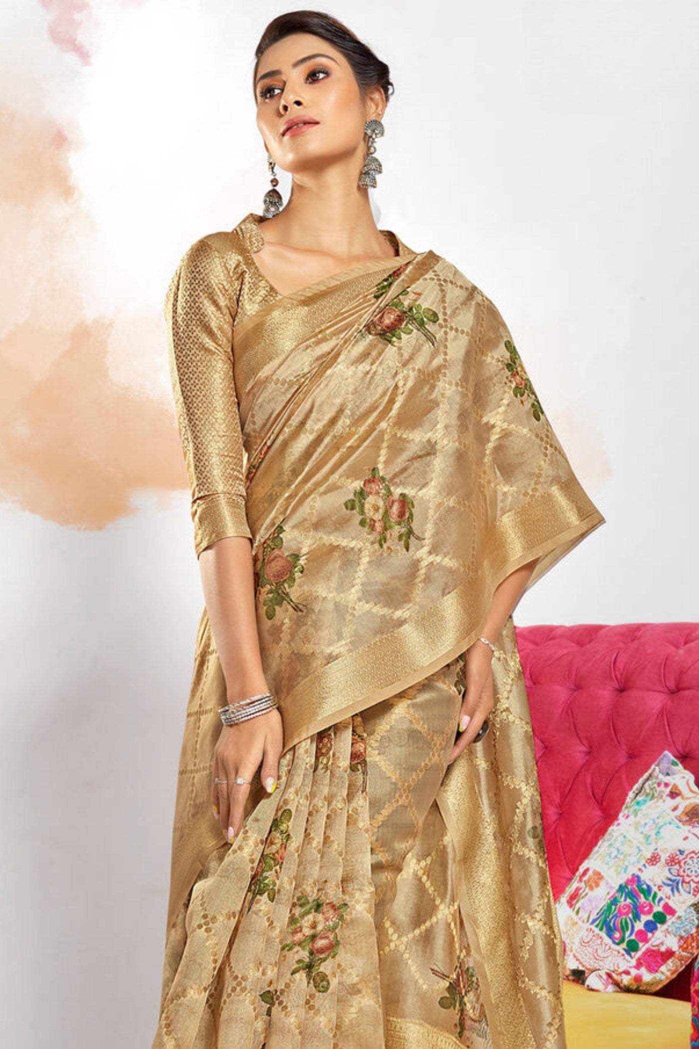 Tussock Cream Digital Printed Banarasi Saree