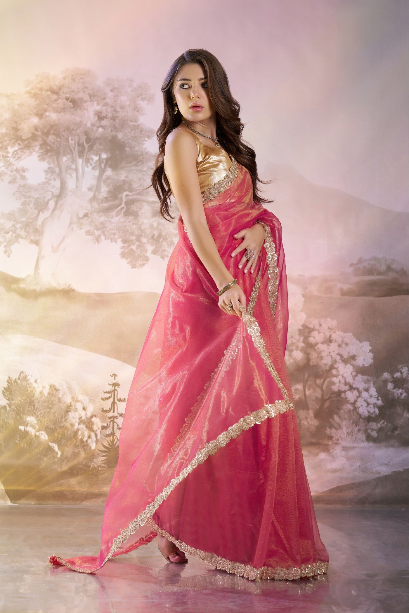 Dusty Pink Partywear Net Saree