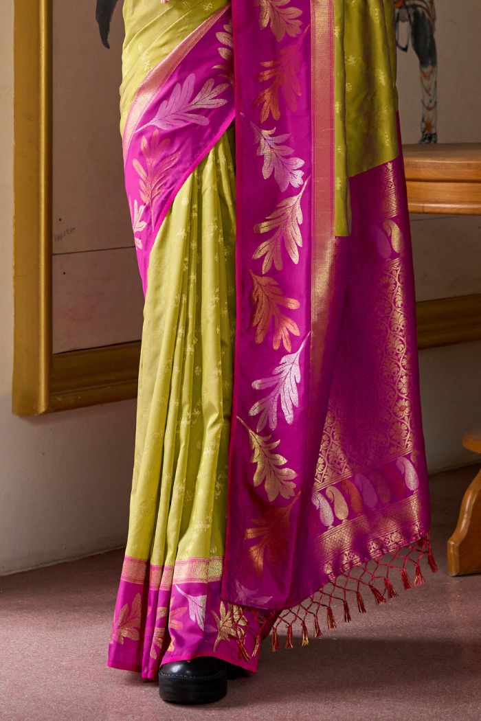 Pesto Green and Pink Banarasi Soft Silk Saree