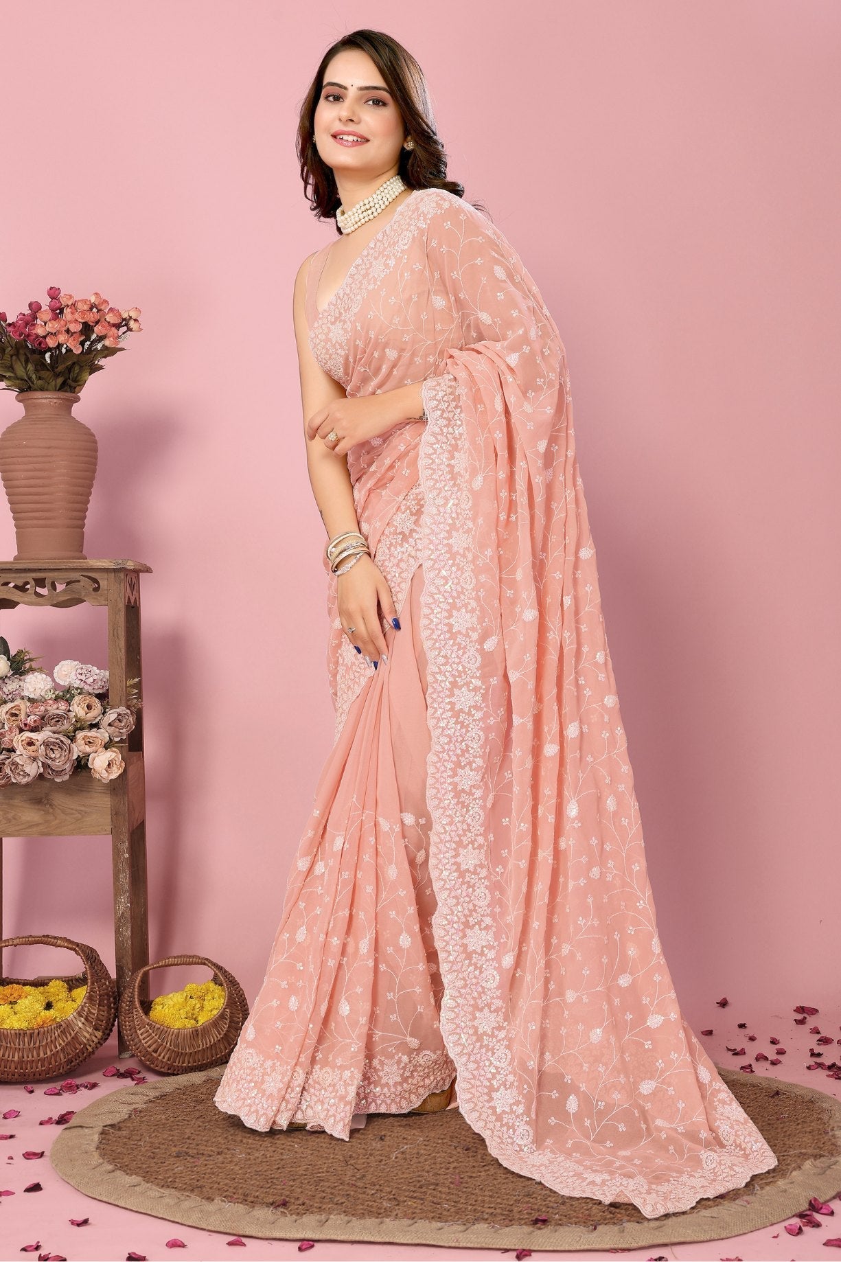 Melon Peach Georgette Embroidered Silk Saree