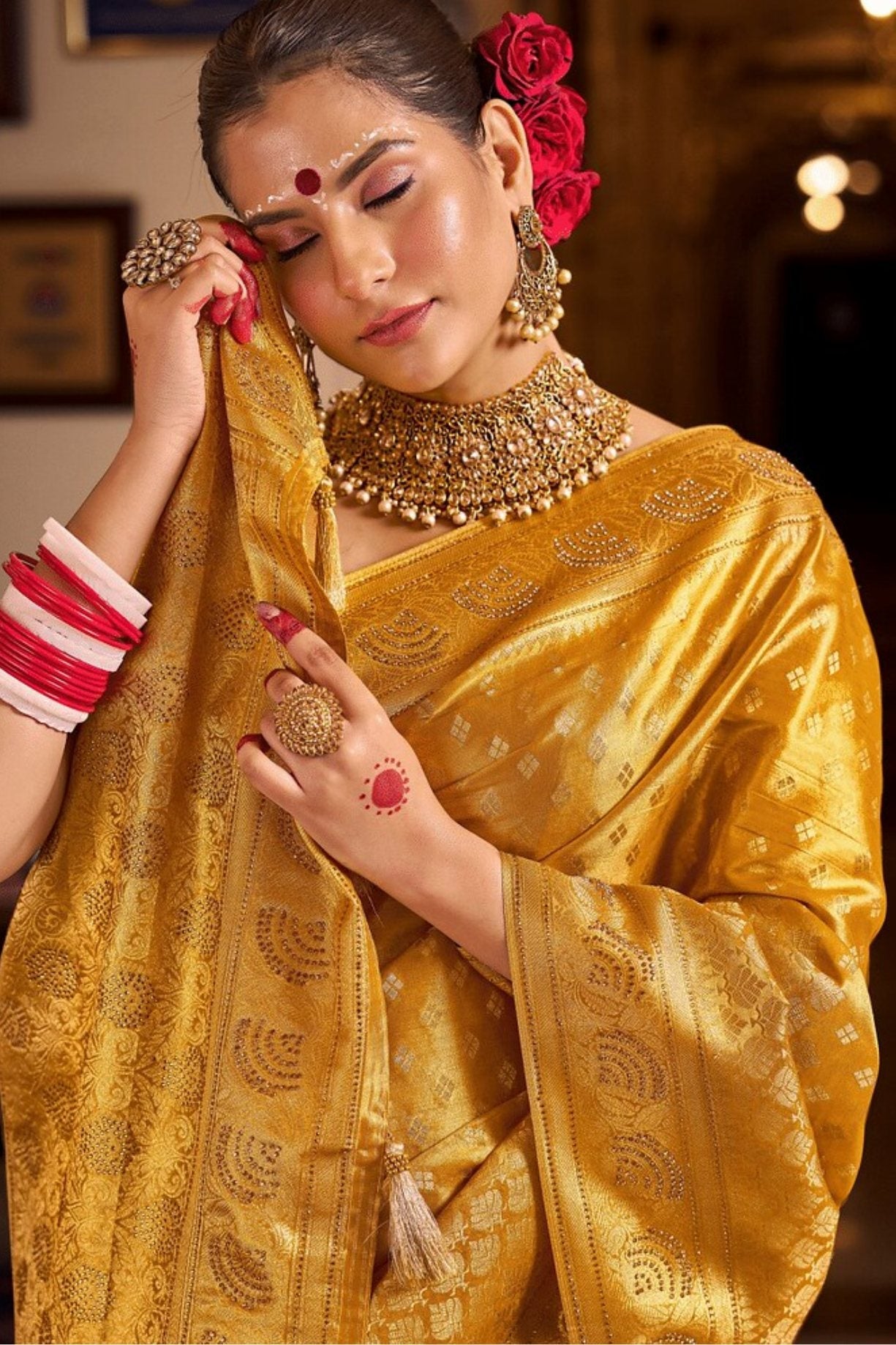 Golden Yellow Zari Woven Banarasi Saree