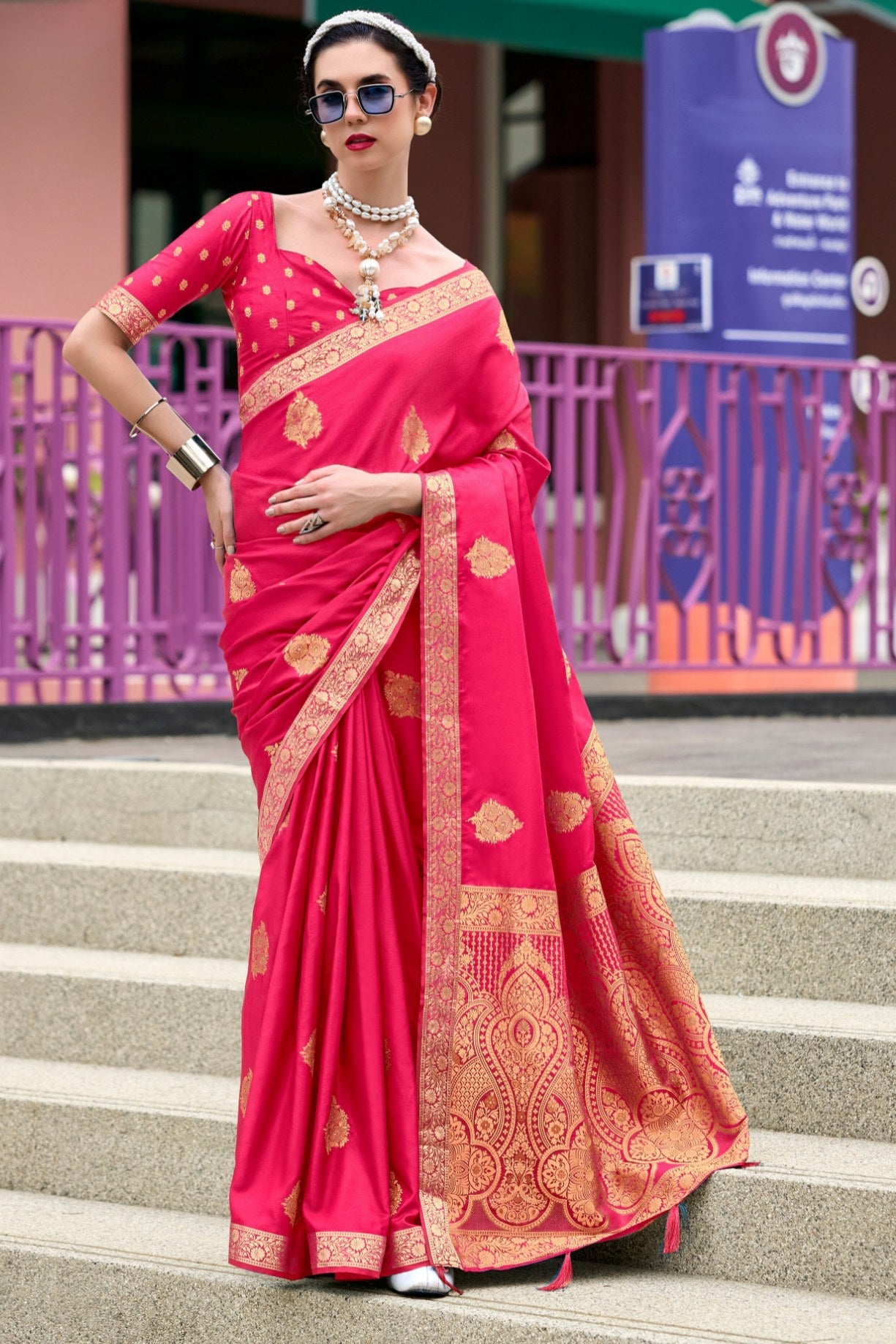 Crimson Pink Banarasi Handloom Satin Saree