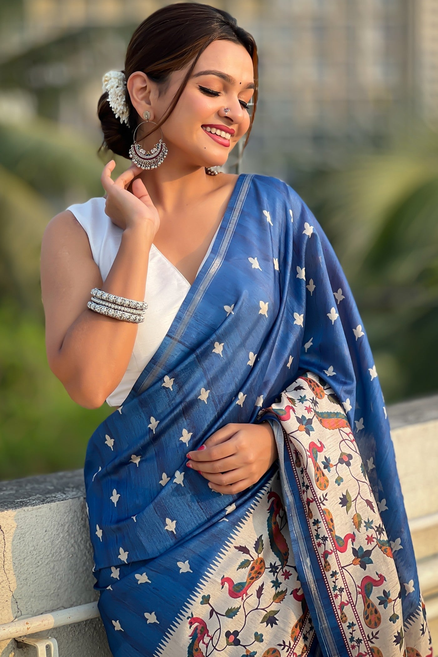 Royal Blue Floral Printed Kalamkari Saree