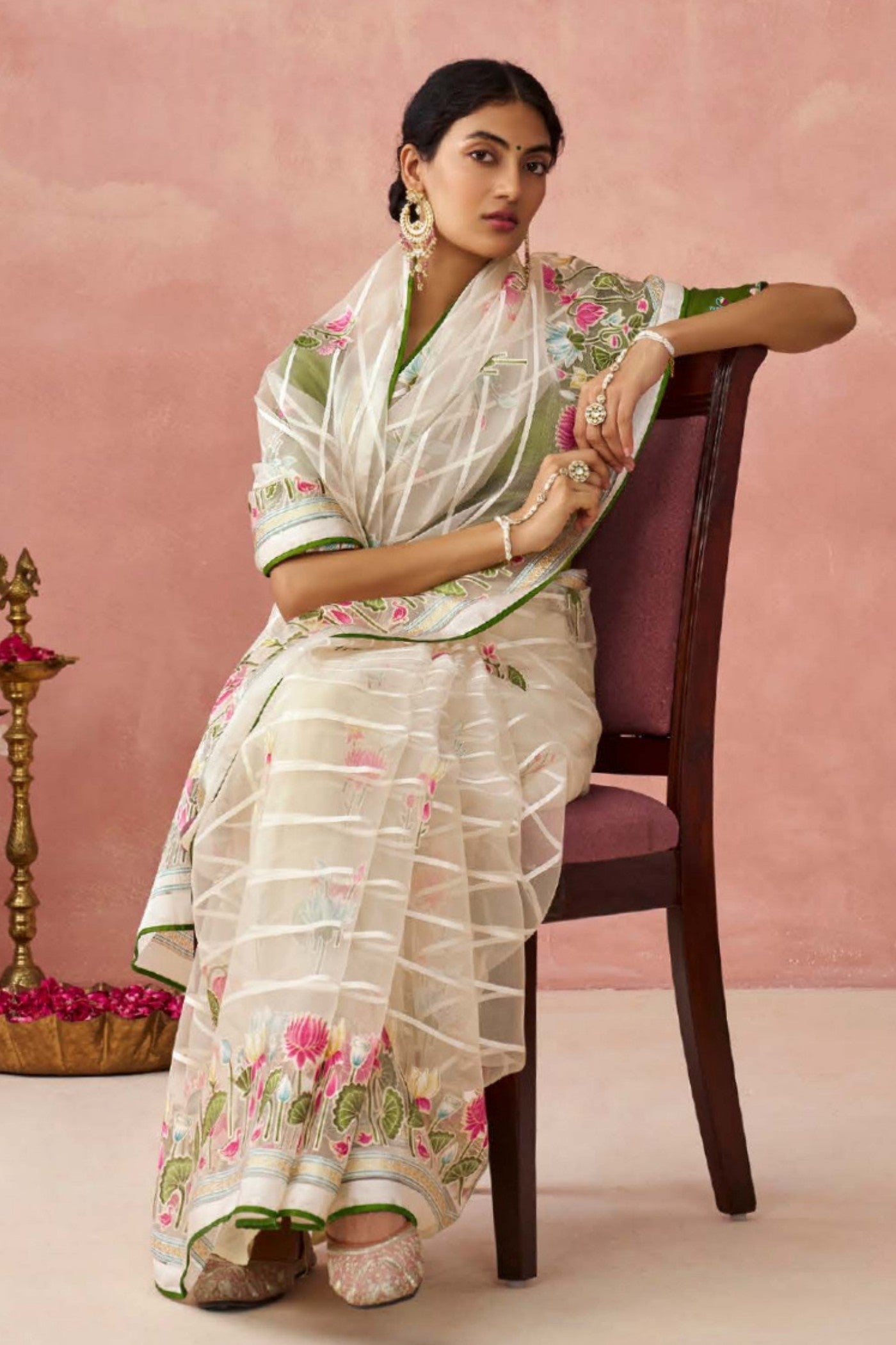 Pearl White and Green Brasso Organza Printed Saree