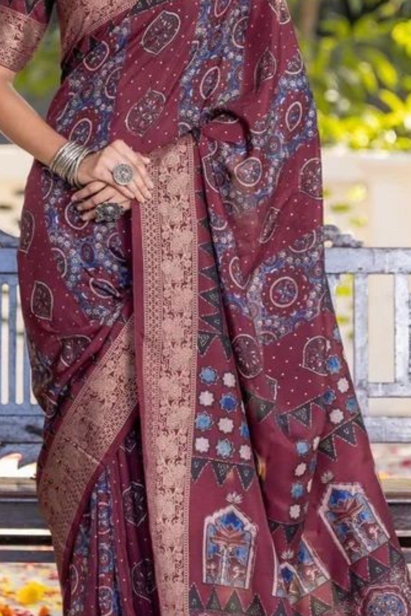 Cedar Maroon Ajrakh Digital Printed Satin Saree