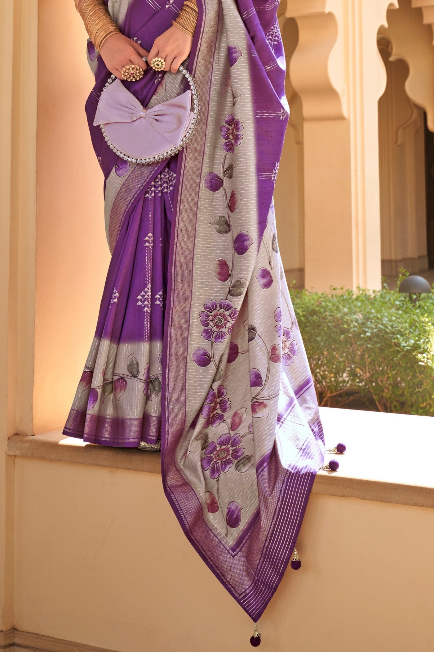 Razzmic Berry Purple Floral Printed Banarasi Saree