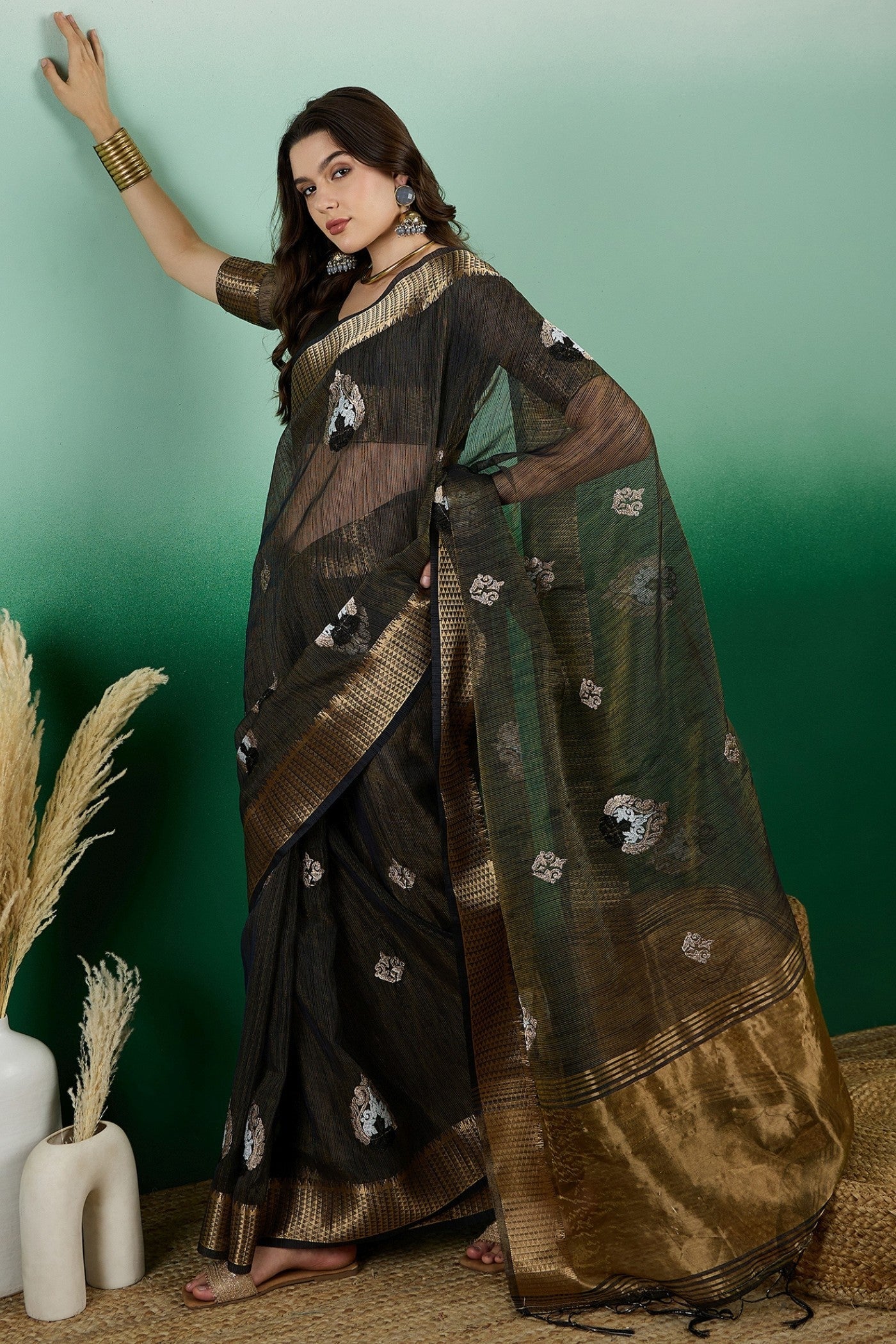 Coral Black Khadi Organza Saree