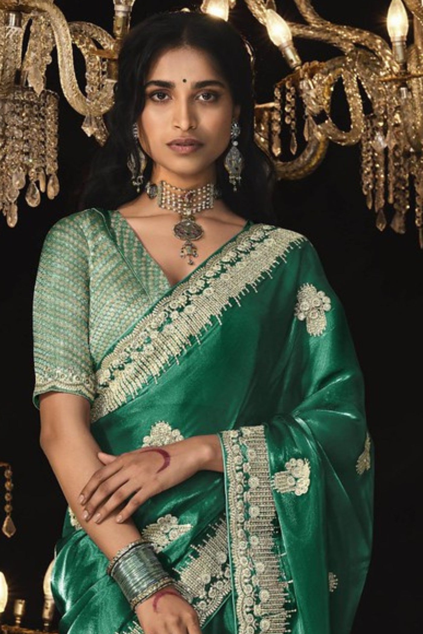 Hunter Green Tissue Embroidered Designer Saree