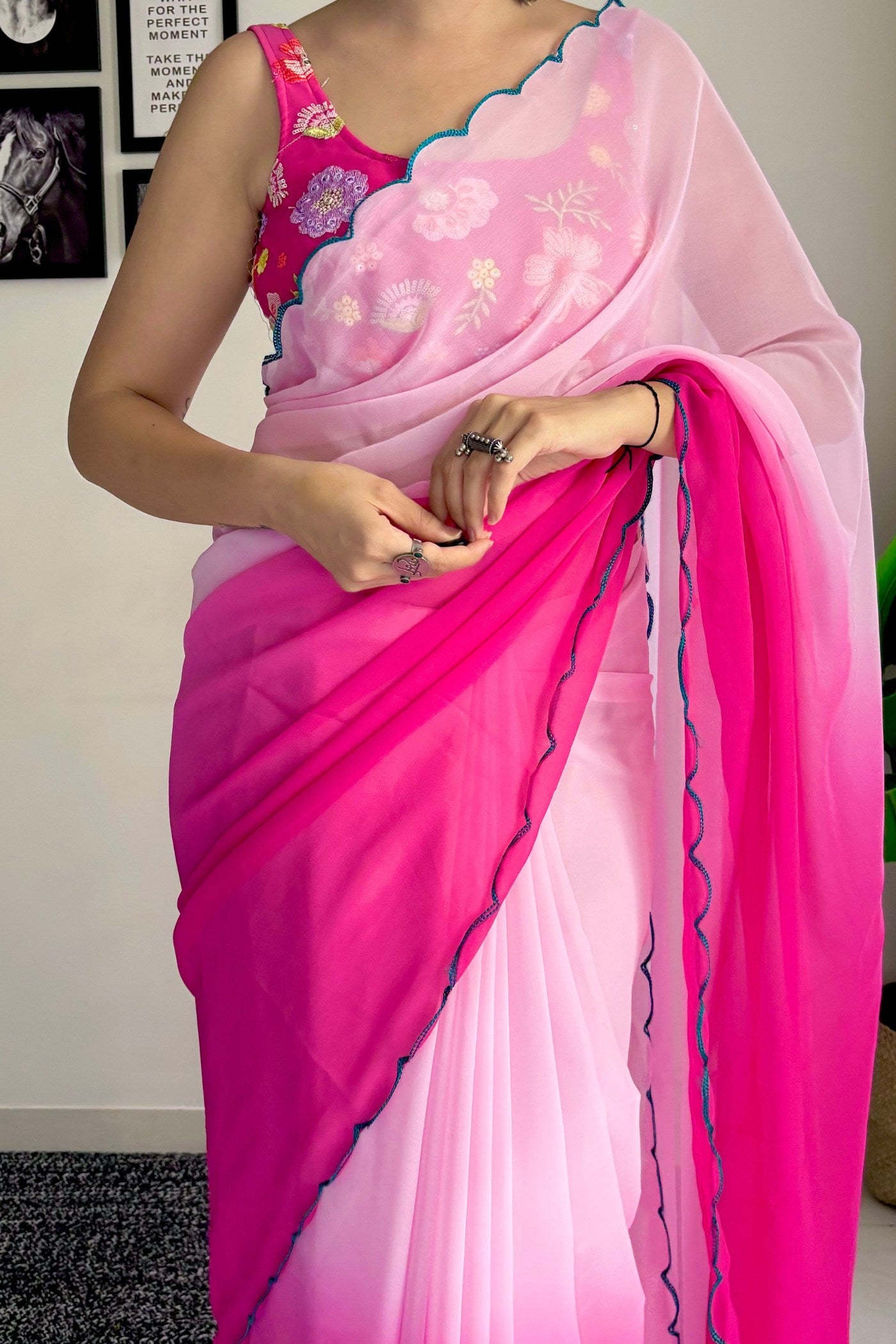 Lipstick Pink Georgette Saree