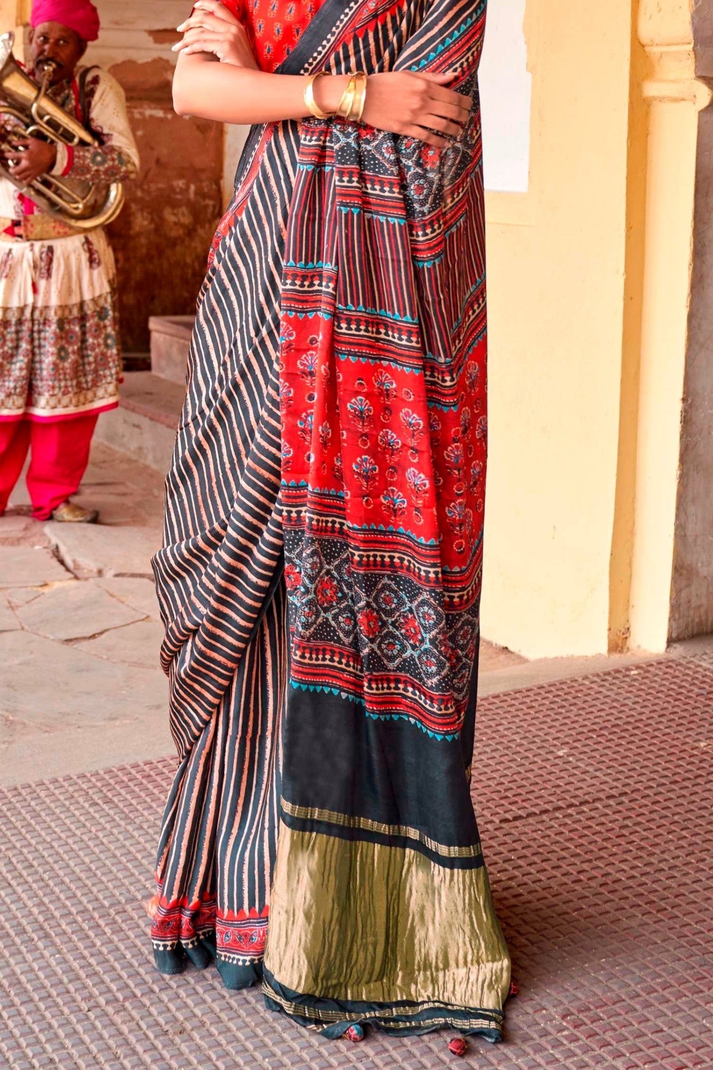 Spicy Grey Ajrakh Handprinted Satin Saree