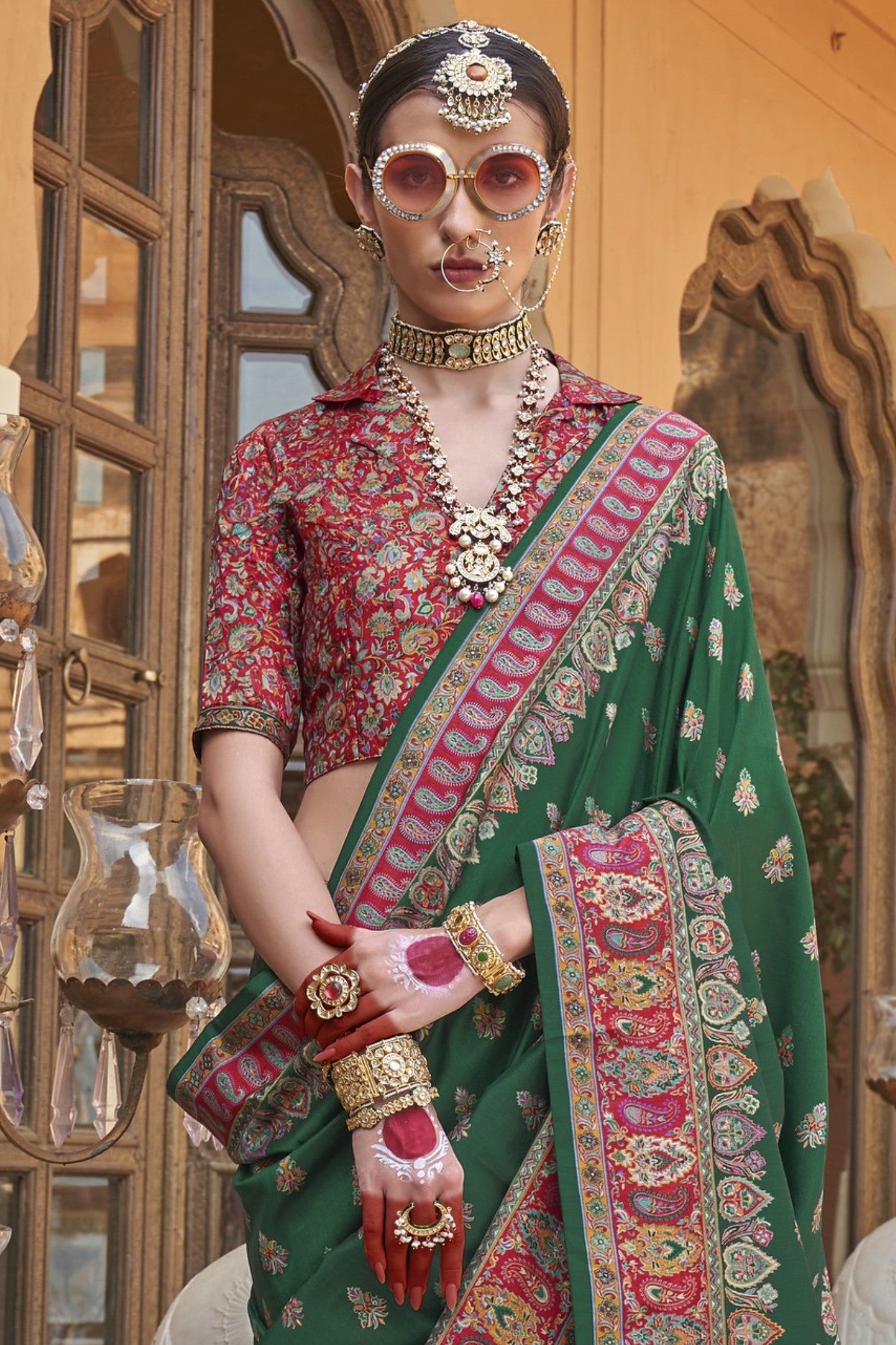 Gladiolus Green Banarasi Jamawar Saree