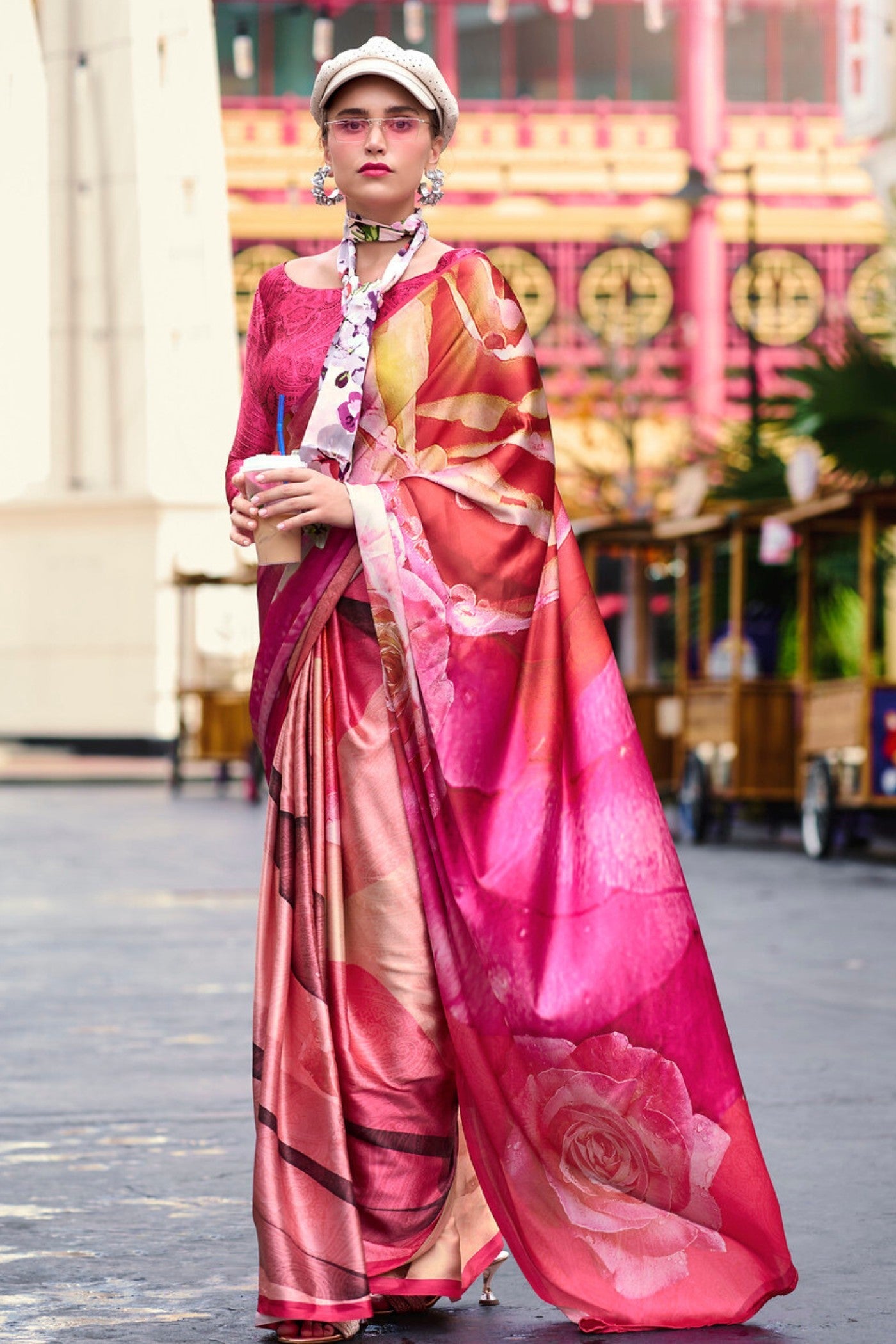 Rusty Red and Pink Printed Satin Crepe Silk Saree