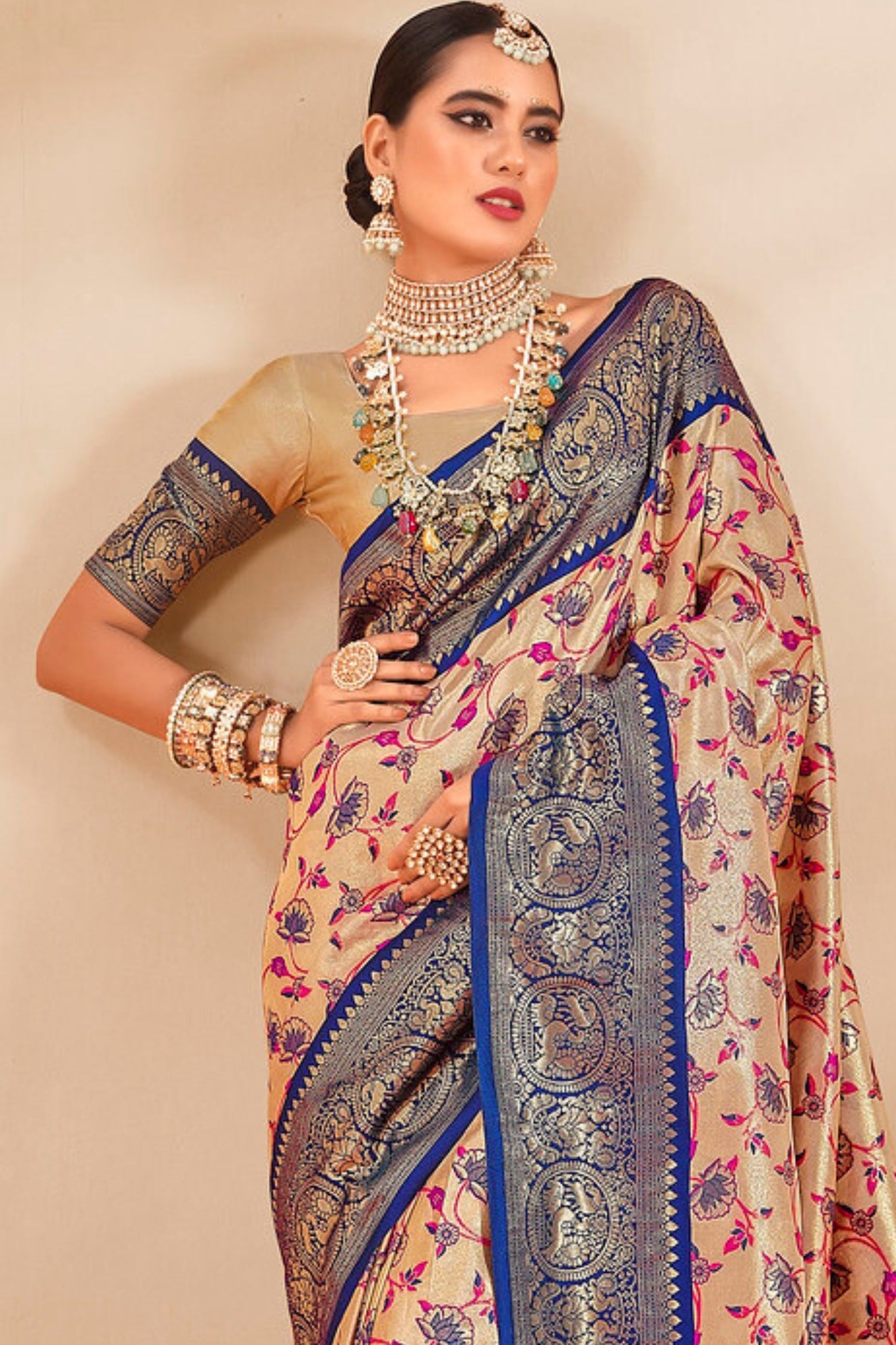 Barley Cream and Blue Zari Woven Banarasi Saree