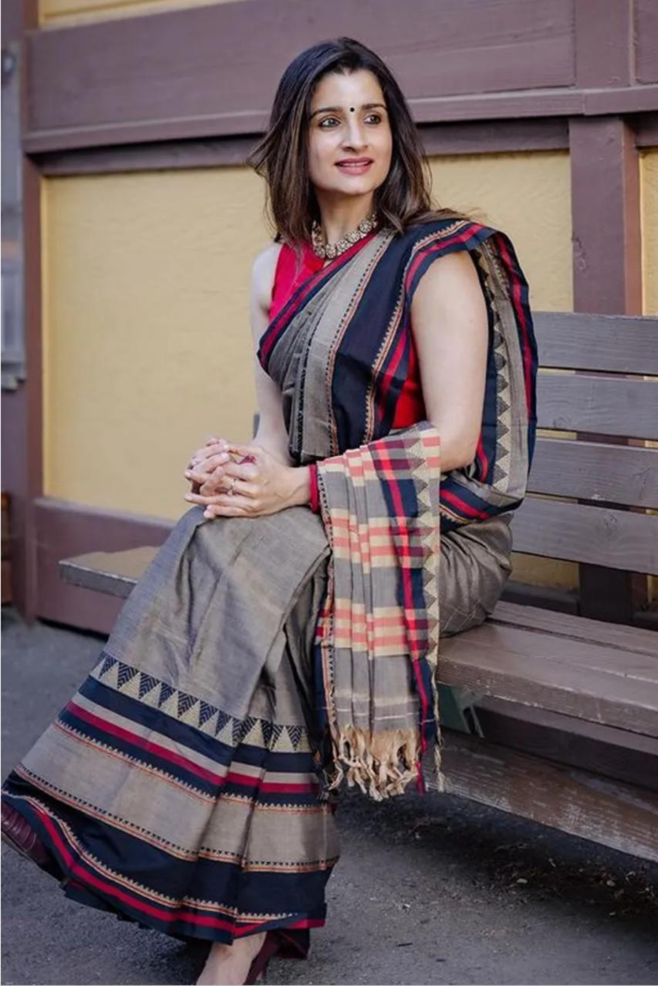 Coco Brown and Grey Shantipuri Bengal Cotton Saree