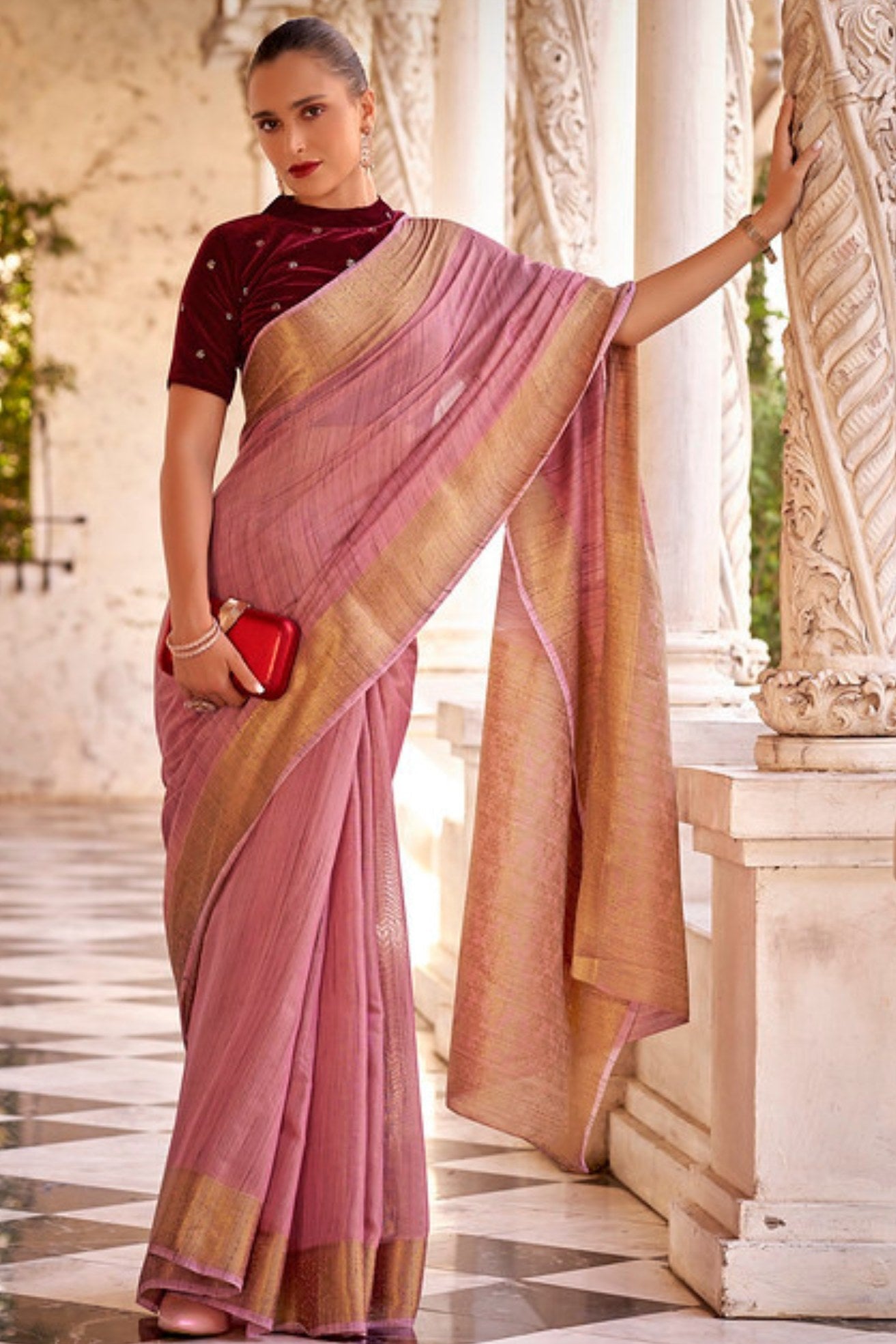 Shimmering Blush Pink Zari Woven Linen Saree