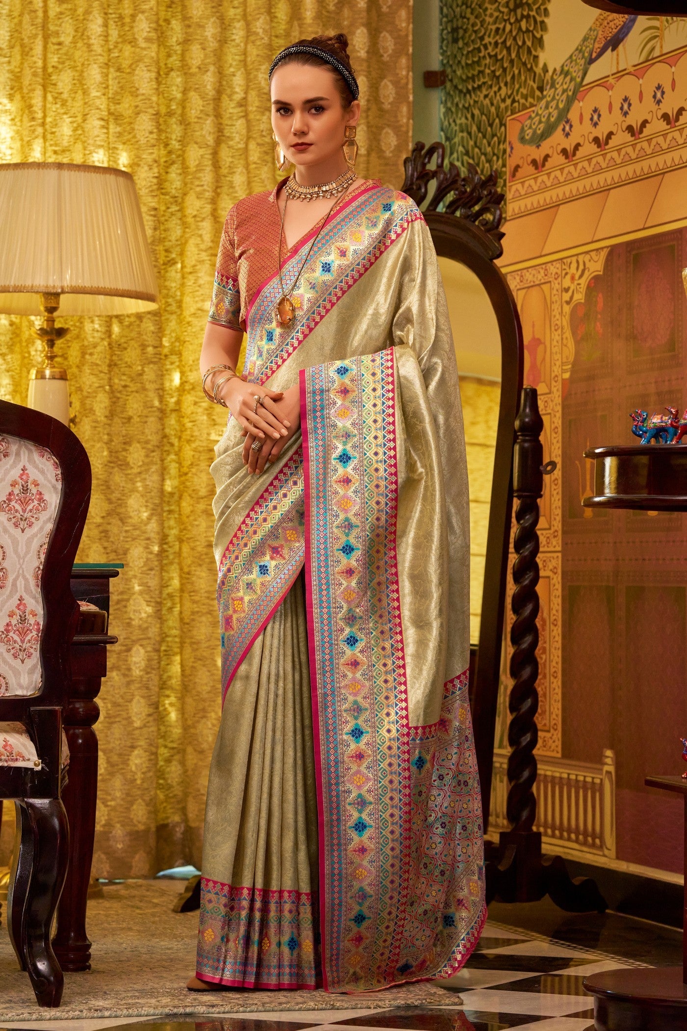 Apache Cream Woven Tissue Silk Saree