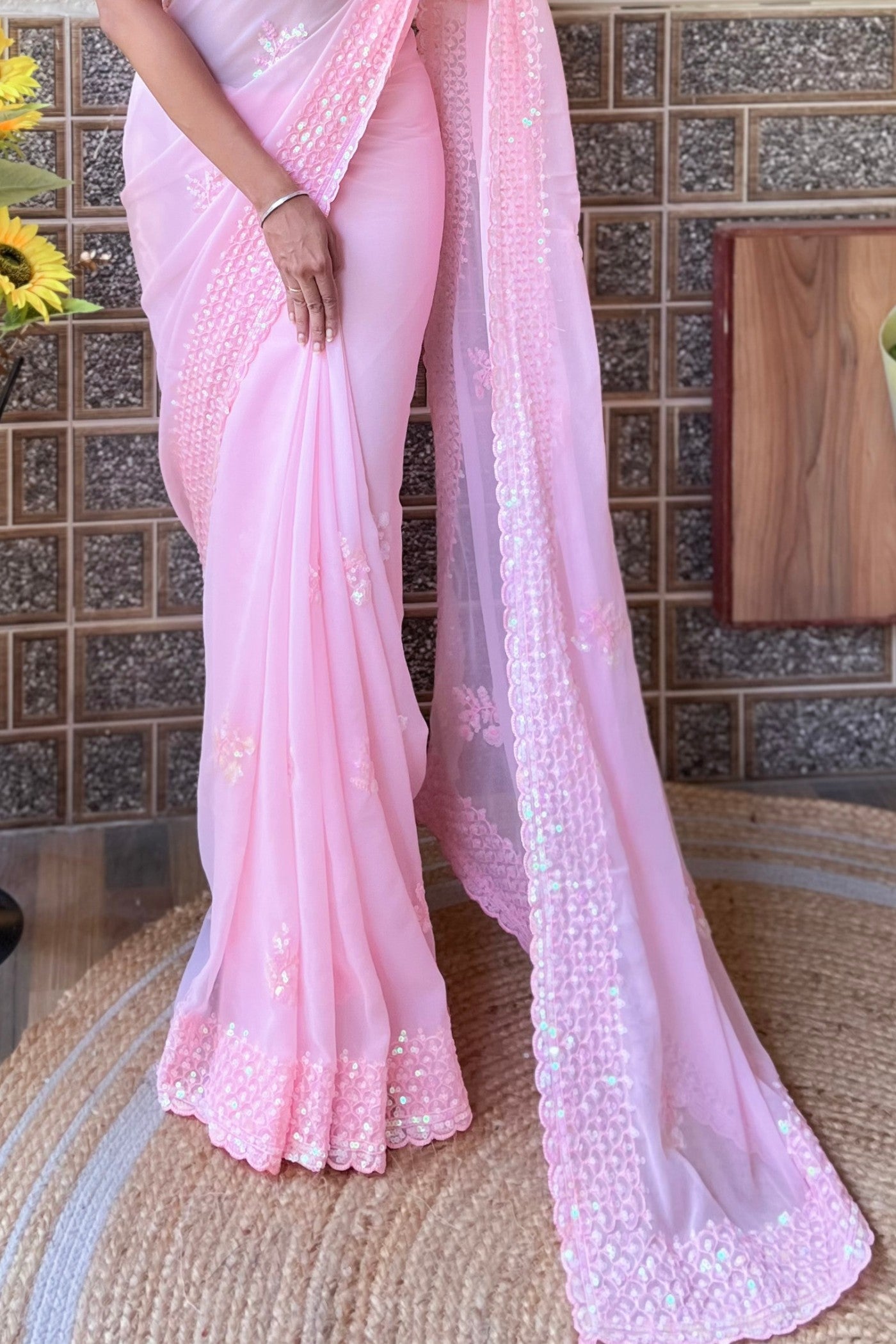 Camellia Pink Embroidery Georgette saree