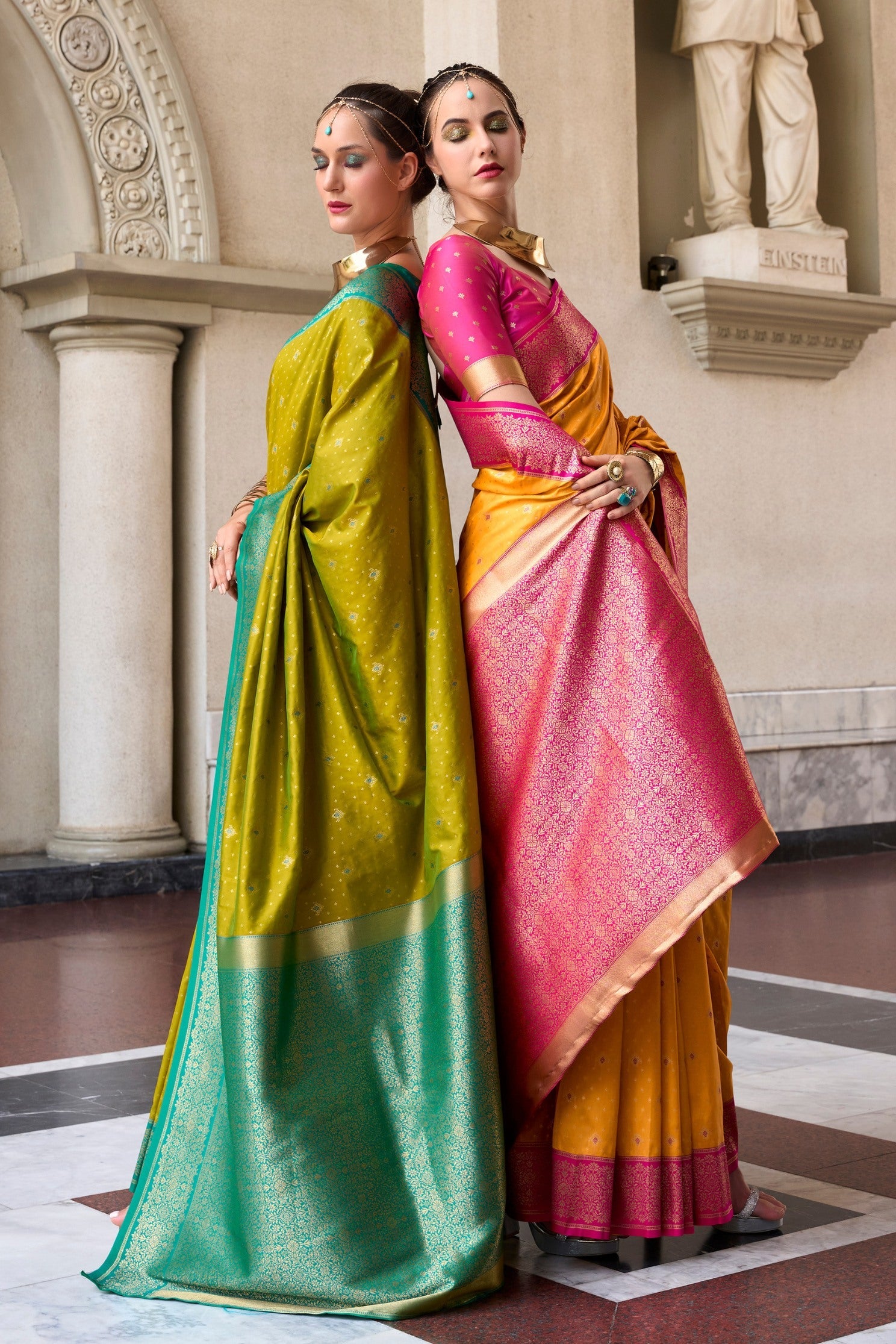 Dark Mustard Green Zari Woven Banarasi Soft Silk Saree