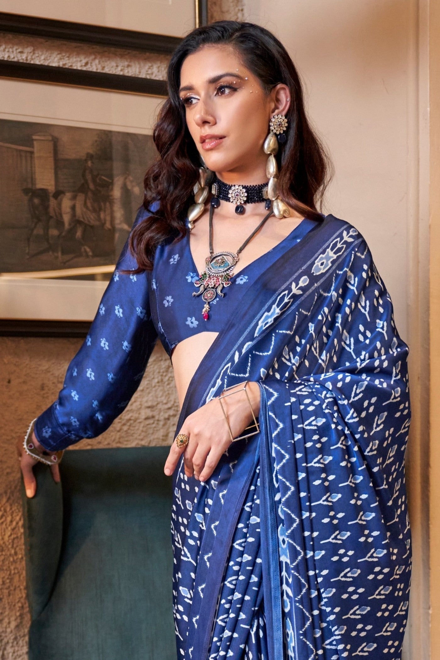 Egyptian Blue Patola Printed Satin Crepe Saree