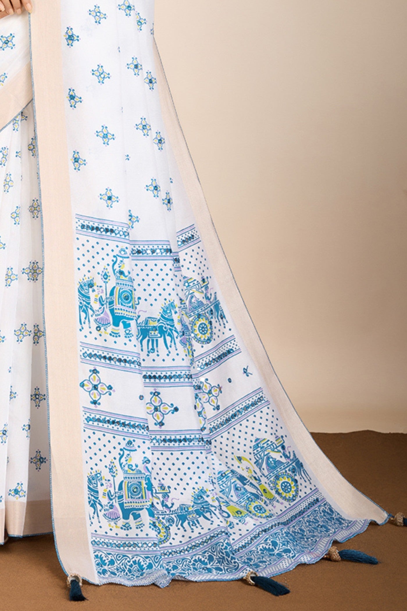 Frost White and Blue Printed Cotton Designer Saree