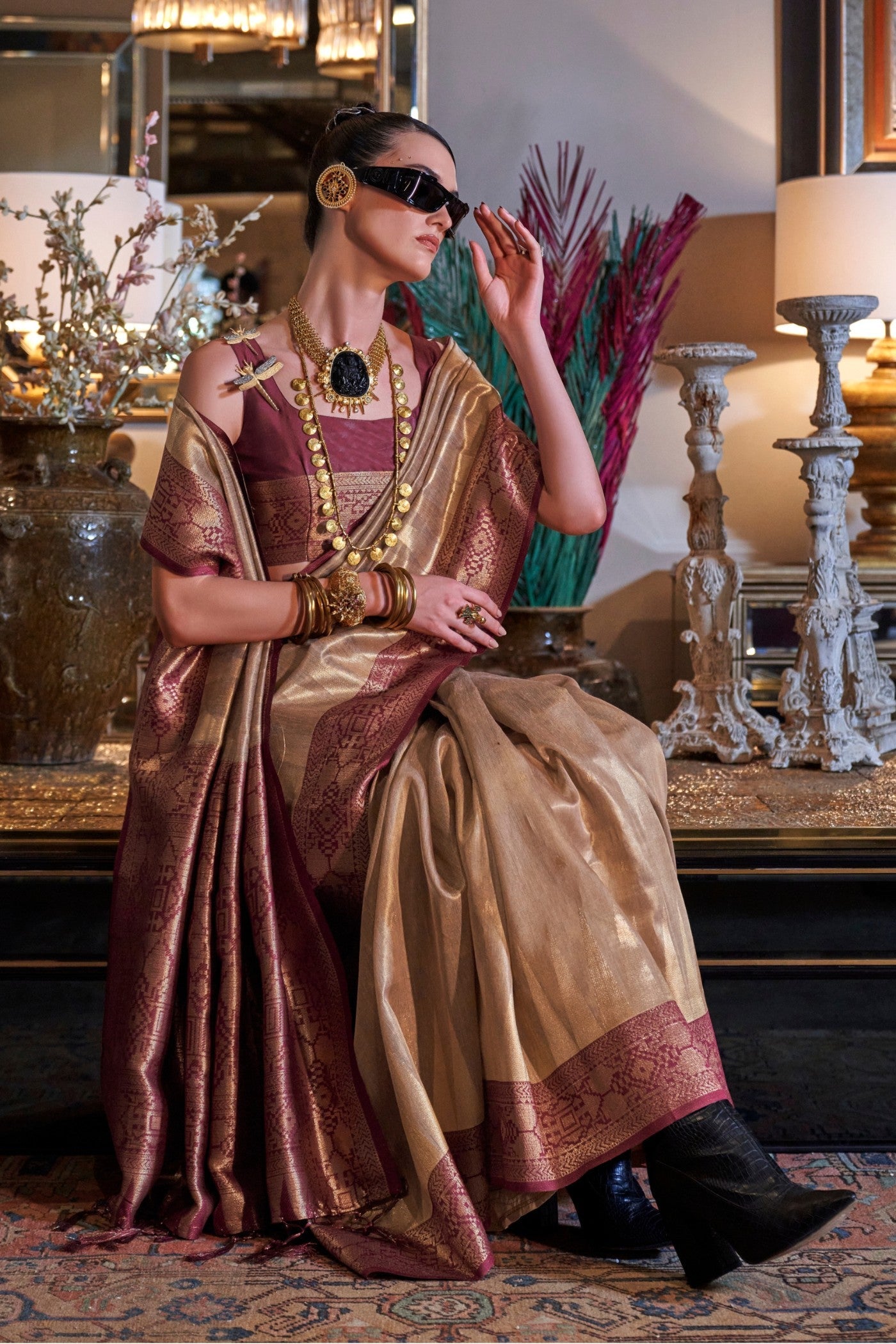 Coca Brown Woven Tissue Silk Saree