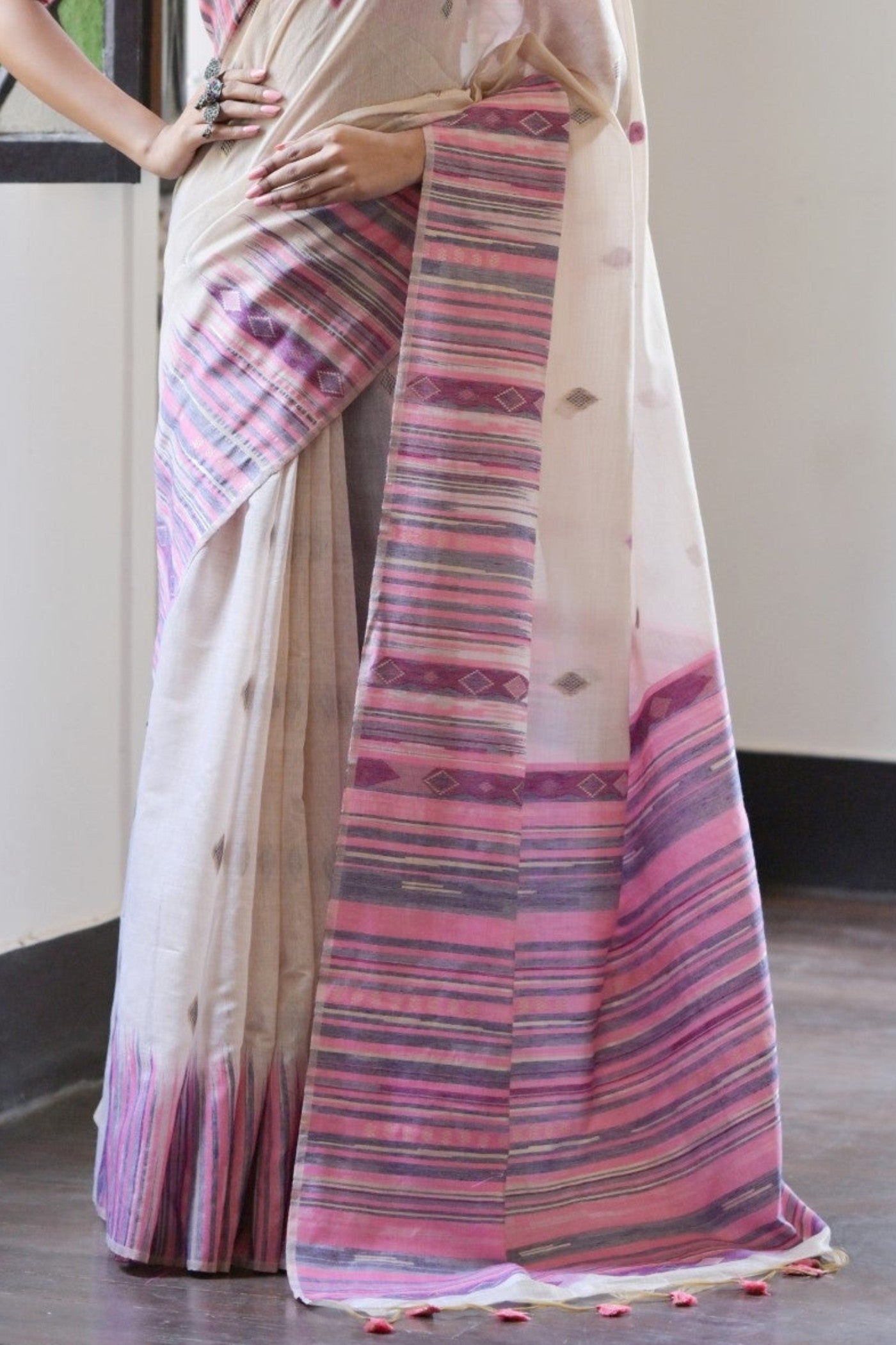 Smoke White and Purple Muga Cotton Saree