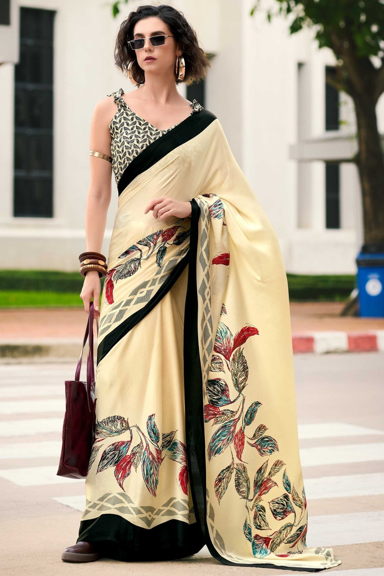 Bisque Cream Printed Satin Crepe Saree