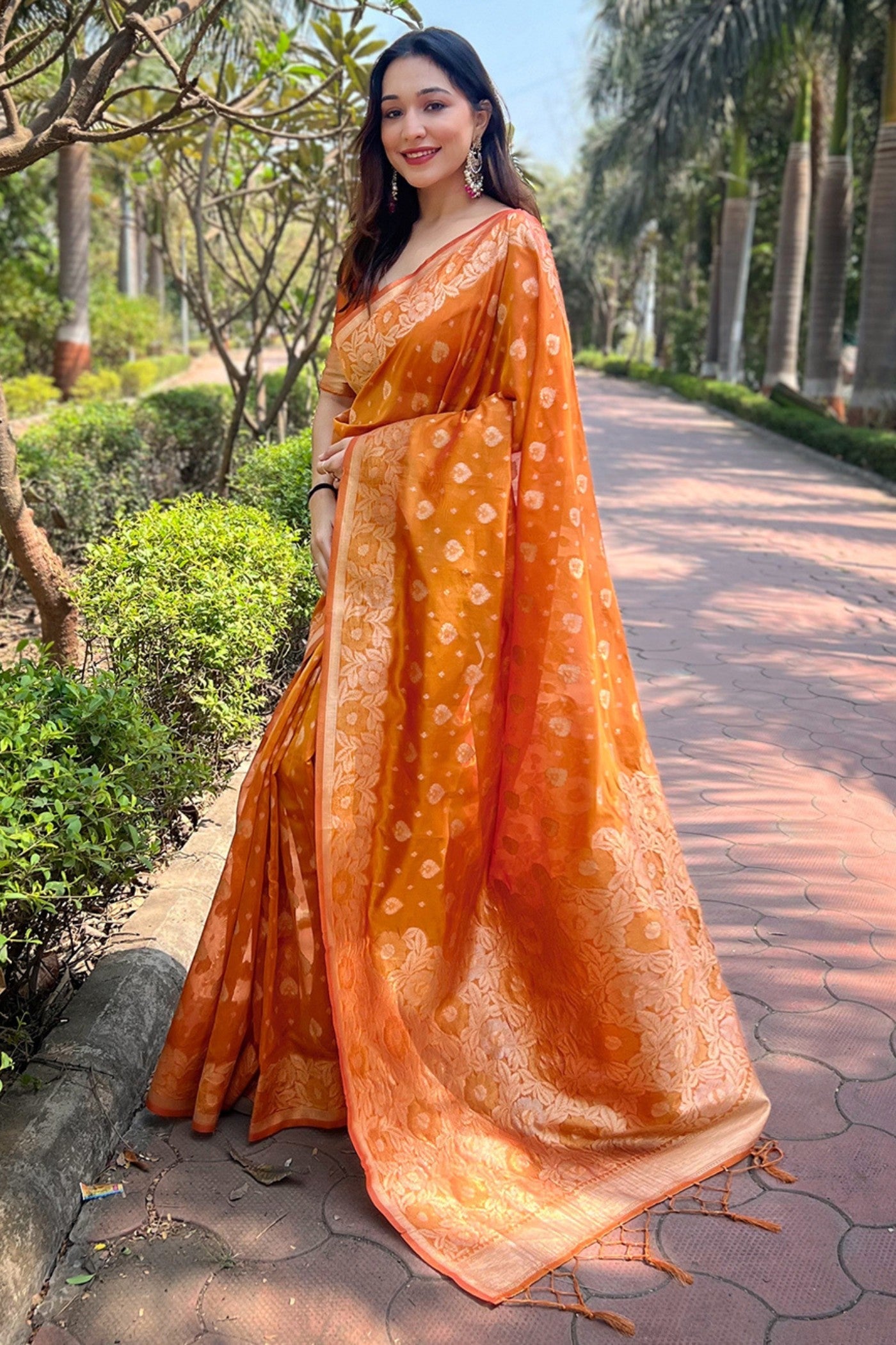 Tan Orange Zari Woven Organza Saree