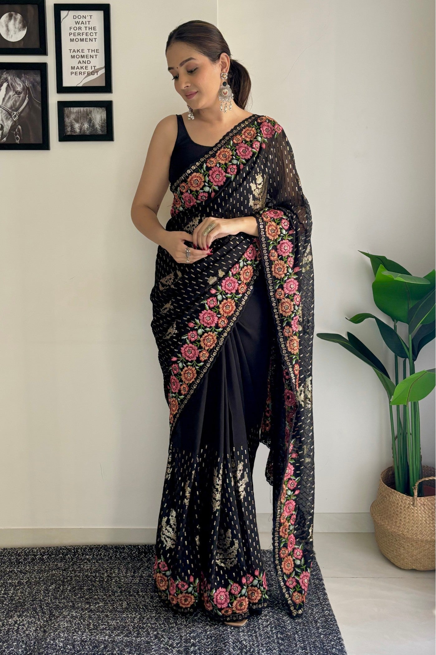 Coral Black Embroidery Designer Georgette Saree