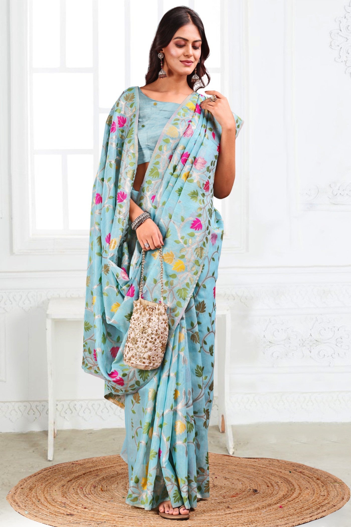 Cloudy Blue Woven Linen Cotton Saree