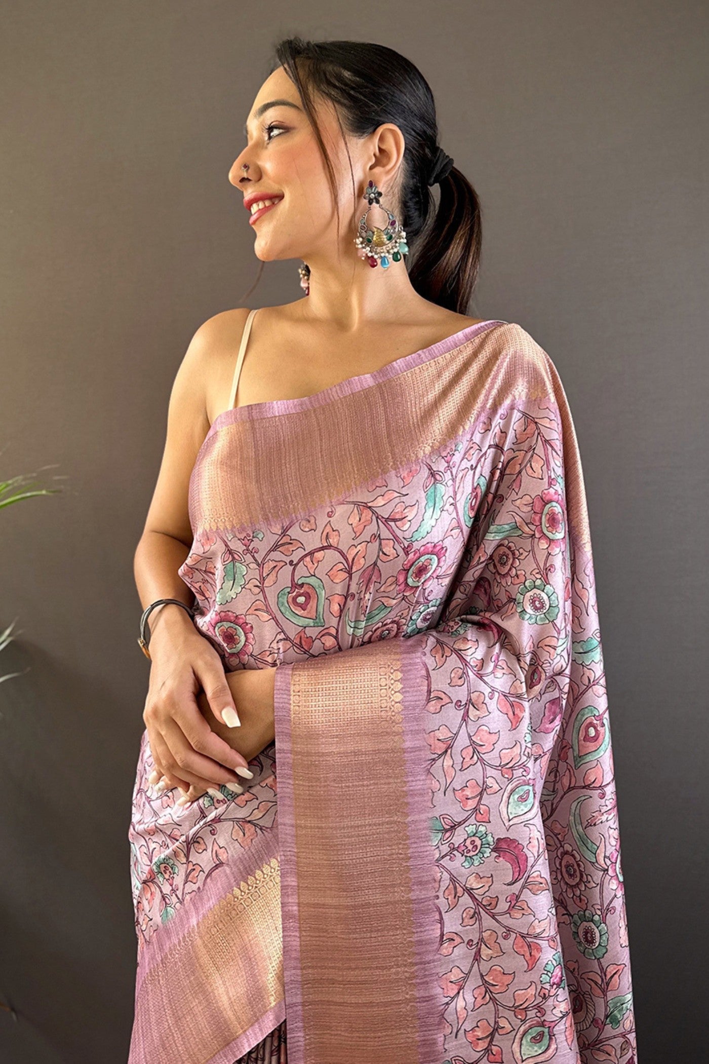 Blssom Pink Printed Tussar Silk Saree