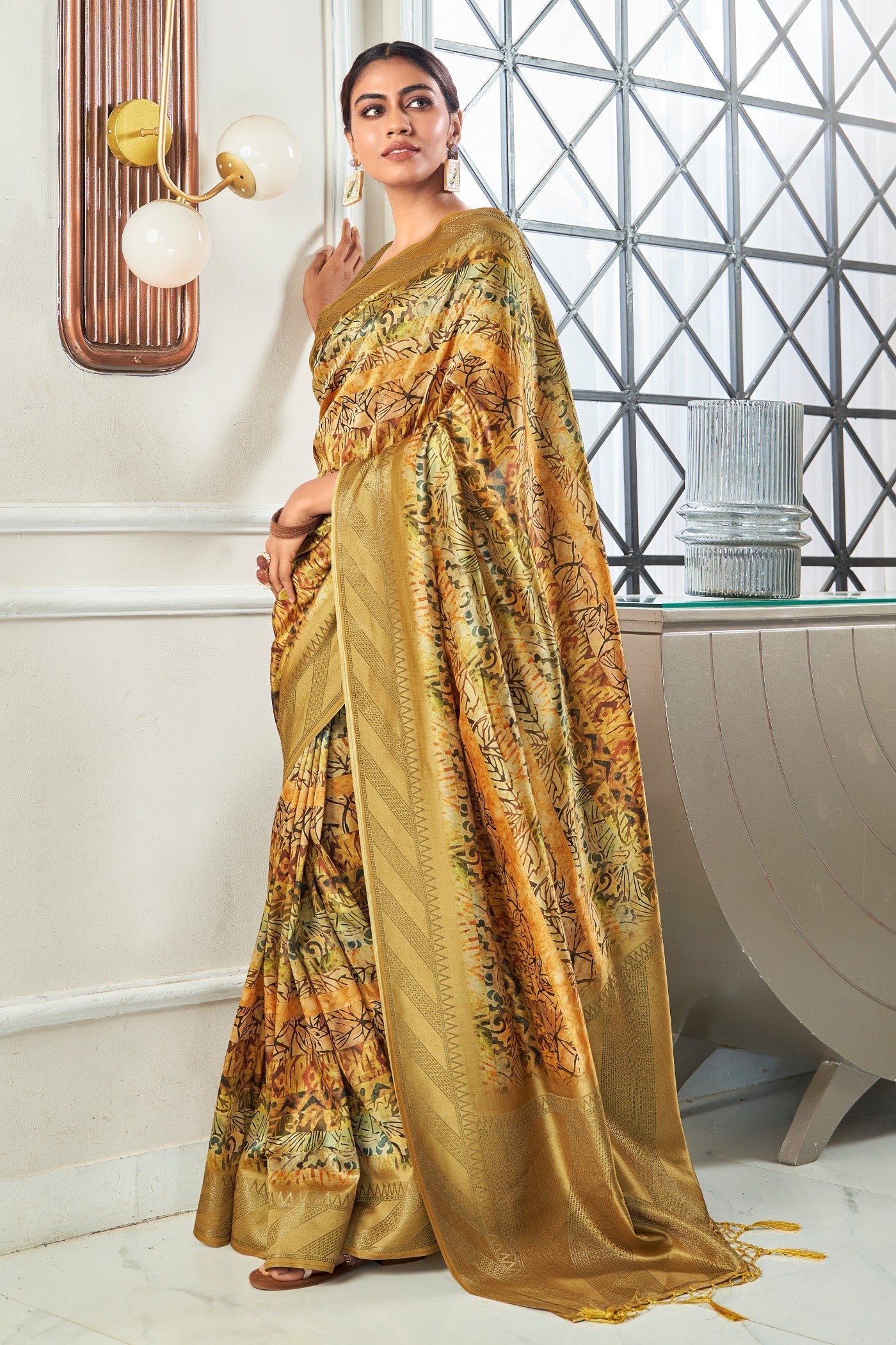 Aztec Gold Digital Printed Banarasi Saree